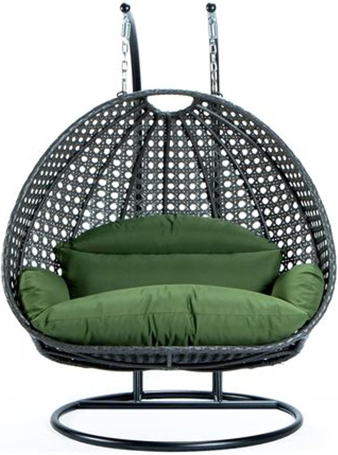 LeisureMod 2 Person Wicker Hanging Egg Chair with Stand & UV-Resistant Cushions for Indoor/Outdoor, Patio, Lounge, Hammock Seat, Dark Green