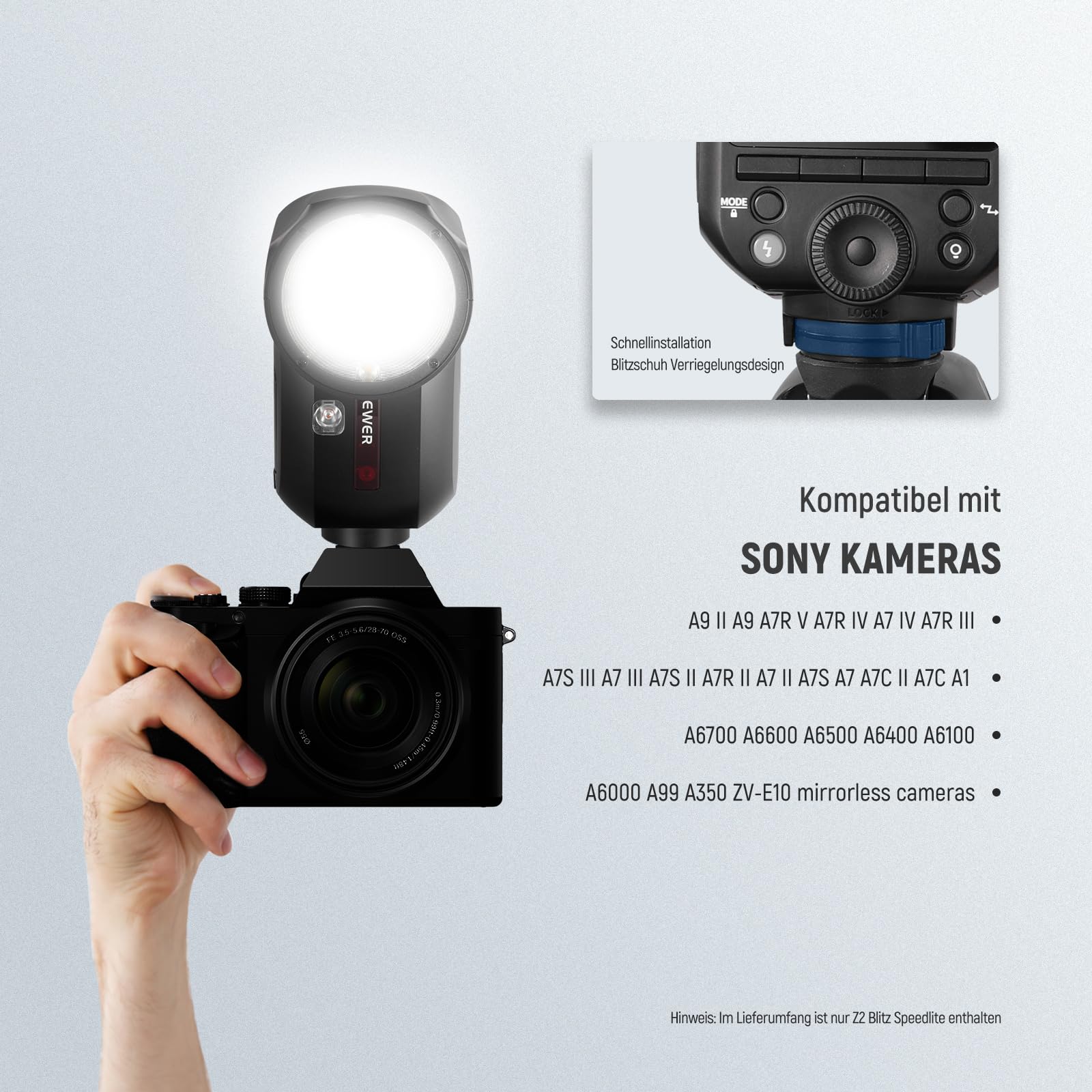 NEEWER Z2-S 2,4G TTL Flash Rundkopf Blitz Speedlite für Sony, 76W, Benutzeroberfläche, Modellierllampen, TTL/M Quick TCM Schalter, 1/8000s HSS, 2600mAh Akku, 480 volle Leistung Blitze, Reinigungstuch