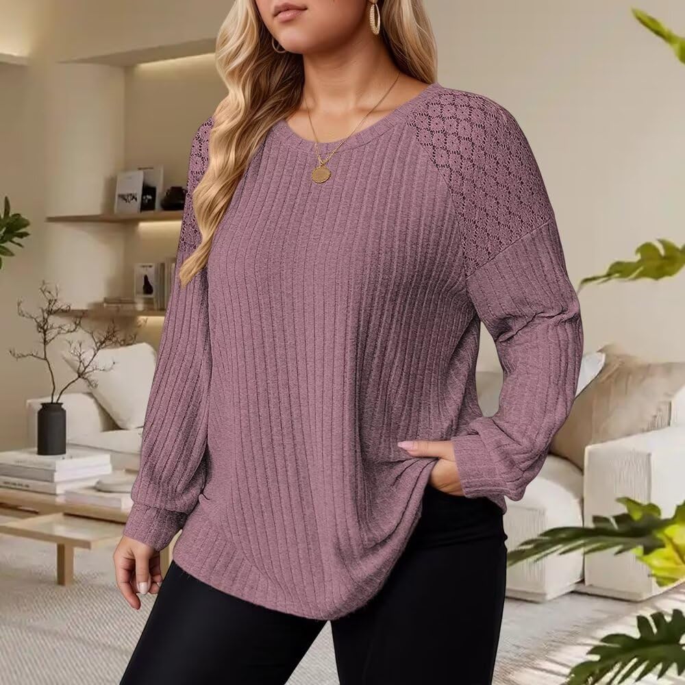 Plus Size Tops for Women Casual Crew Neck Shirts Fashion Lace Pullover Long Sleeve Sweatshirts