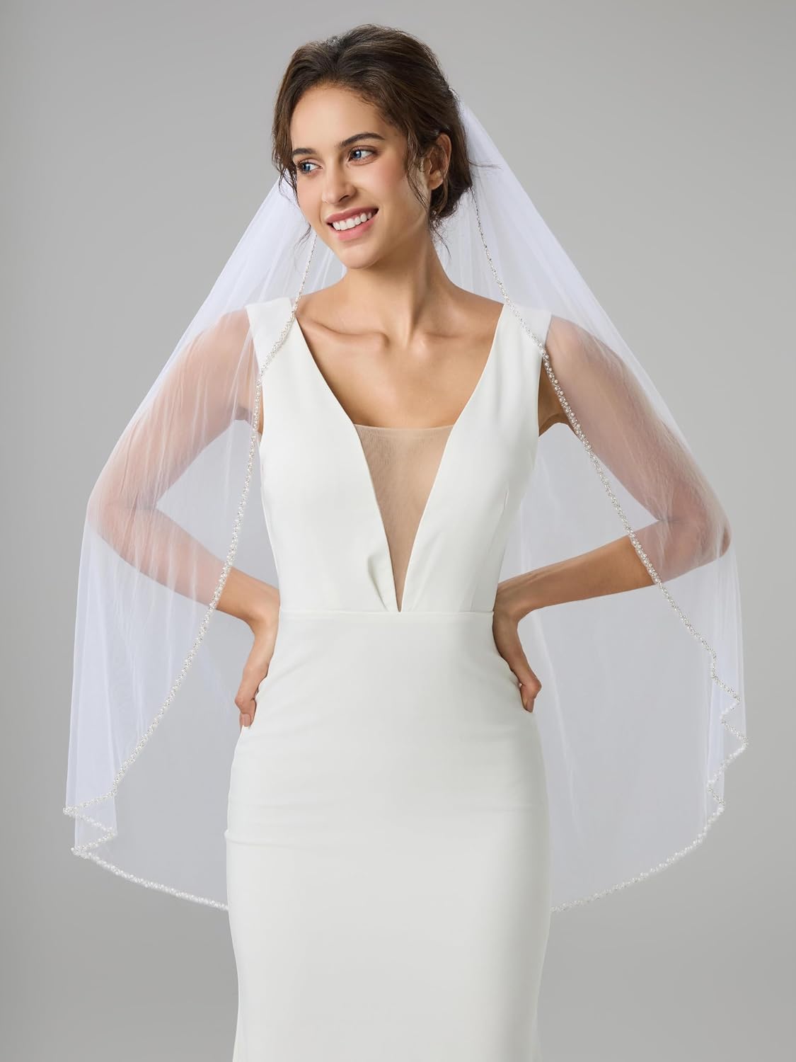 Bride Wedding Veil with Pearls and Crystals Beaded Edge 1 Tier Wedding Veil Bridal