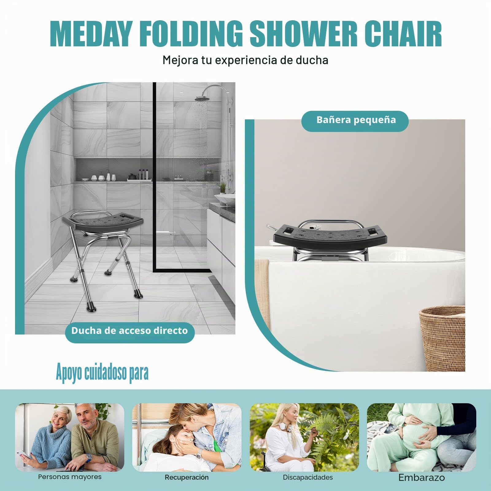 Asiento de Silla de Ducha Plegable, Asiento de Silla de Ducha Plegable de Altura Ajustable, Silla de Ducha de Acero Inoxidable Apta para Interior de Ducha, Taburete de Ducha Portátil de Viaje de 181