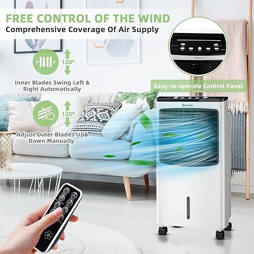 Miniatura 2 de COSTWAY Enfriador de aire evaporativo portátil para habitación, enfriador de aire para refrigeración y sueño con control remoto, temporizador de 7.5