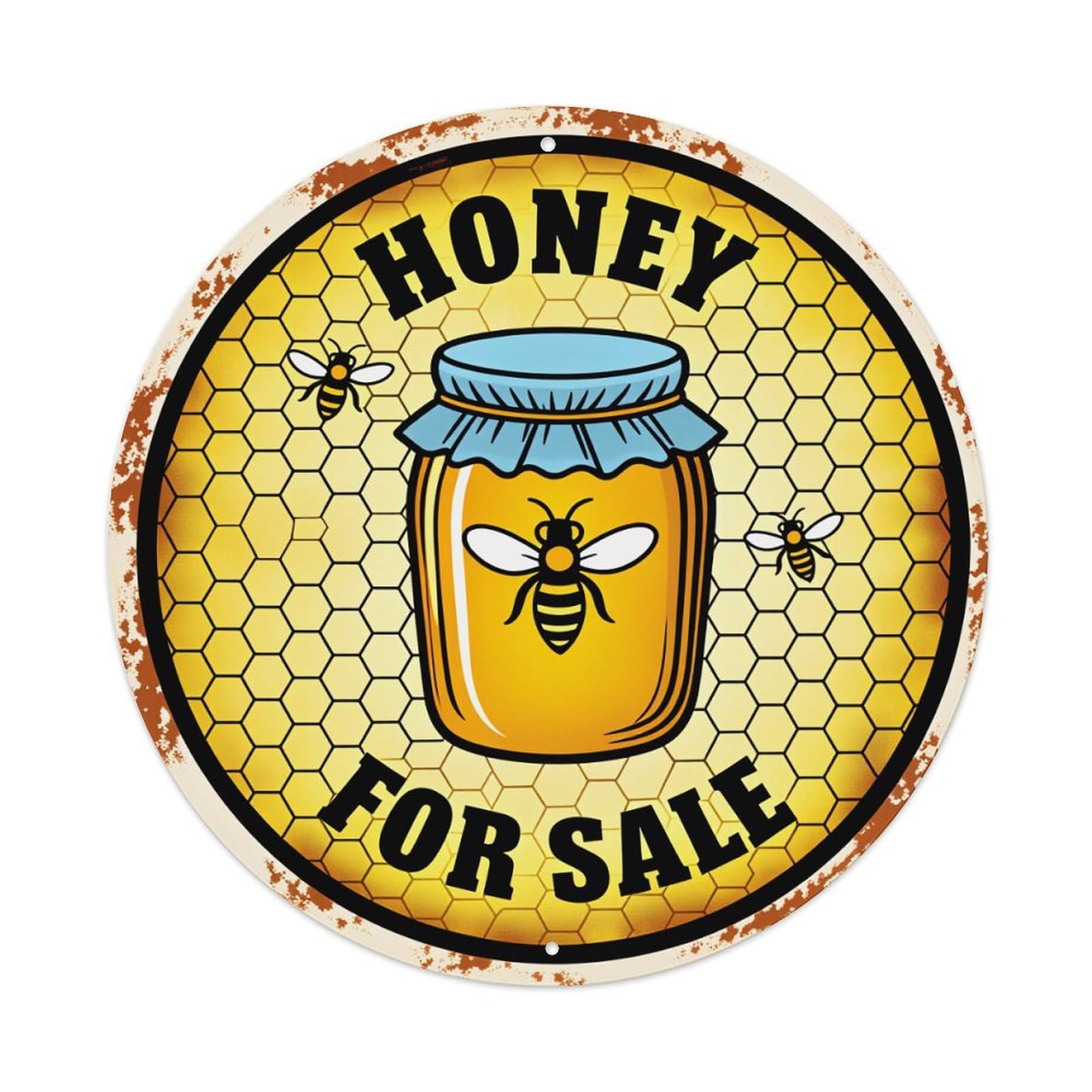Honey Jar Bee Honeycomb Pattern Round Tin Sign Vintage Metal Poster Retro Bar, Home, Man Cave, Kitchen, Laundry Room Wall Art Decor Gift 8x8In