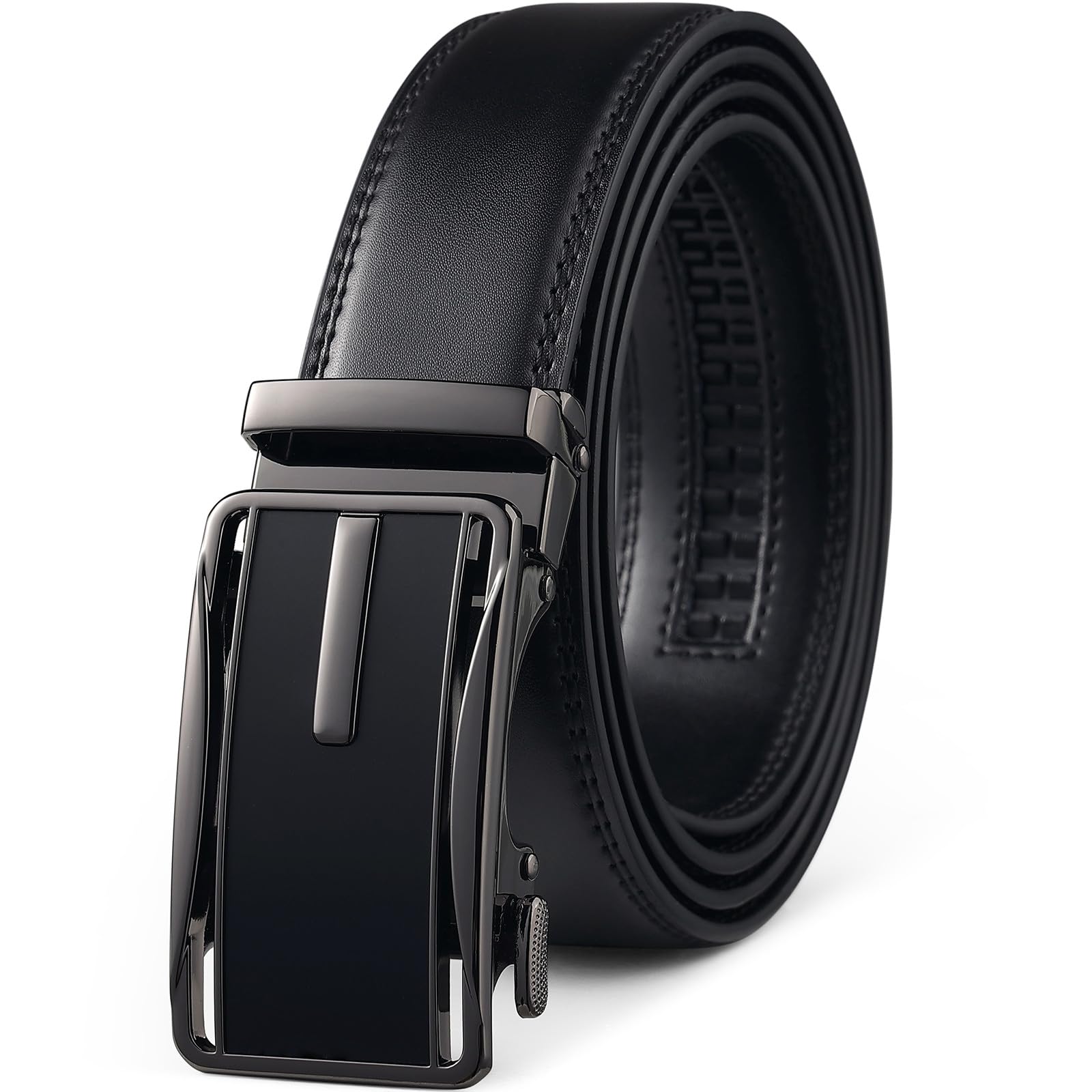 Drowsmen Leather ratchet belt 1 3/8" with Click Sliding Automatic Buckle, Adjustable belt Trim to Fit