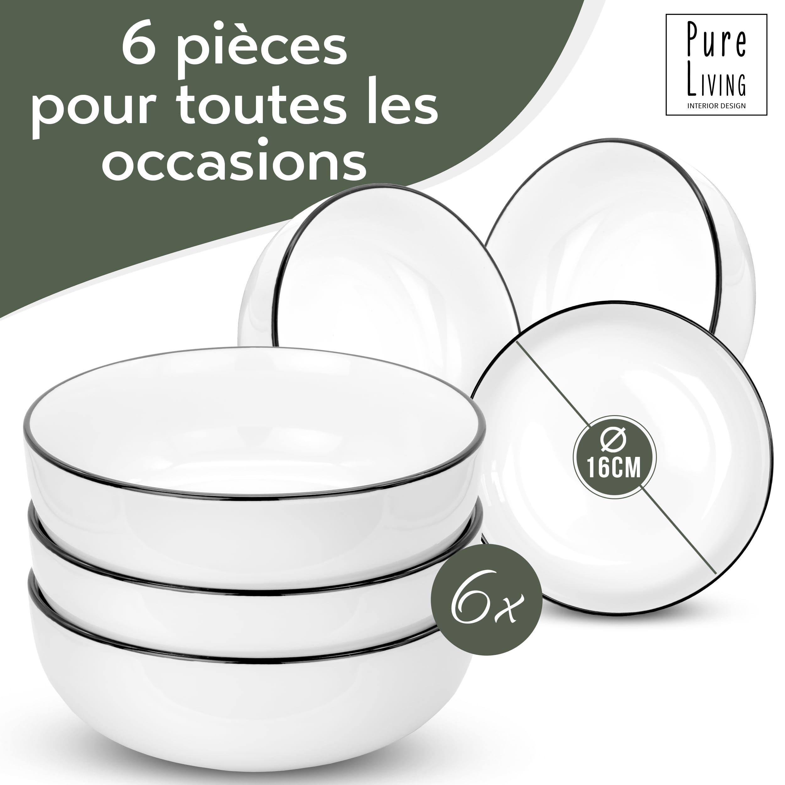 Ensemble 6 Bols Porcelaine Scandi - Design Scandinave, résistentes au Lave-vaisselle - Pure Living Blanc - Bol, Assiette Creuse, Petit Dejeuner - Idéal pour Muesli, Soup, Desserts, Service de Table.