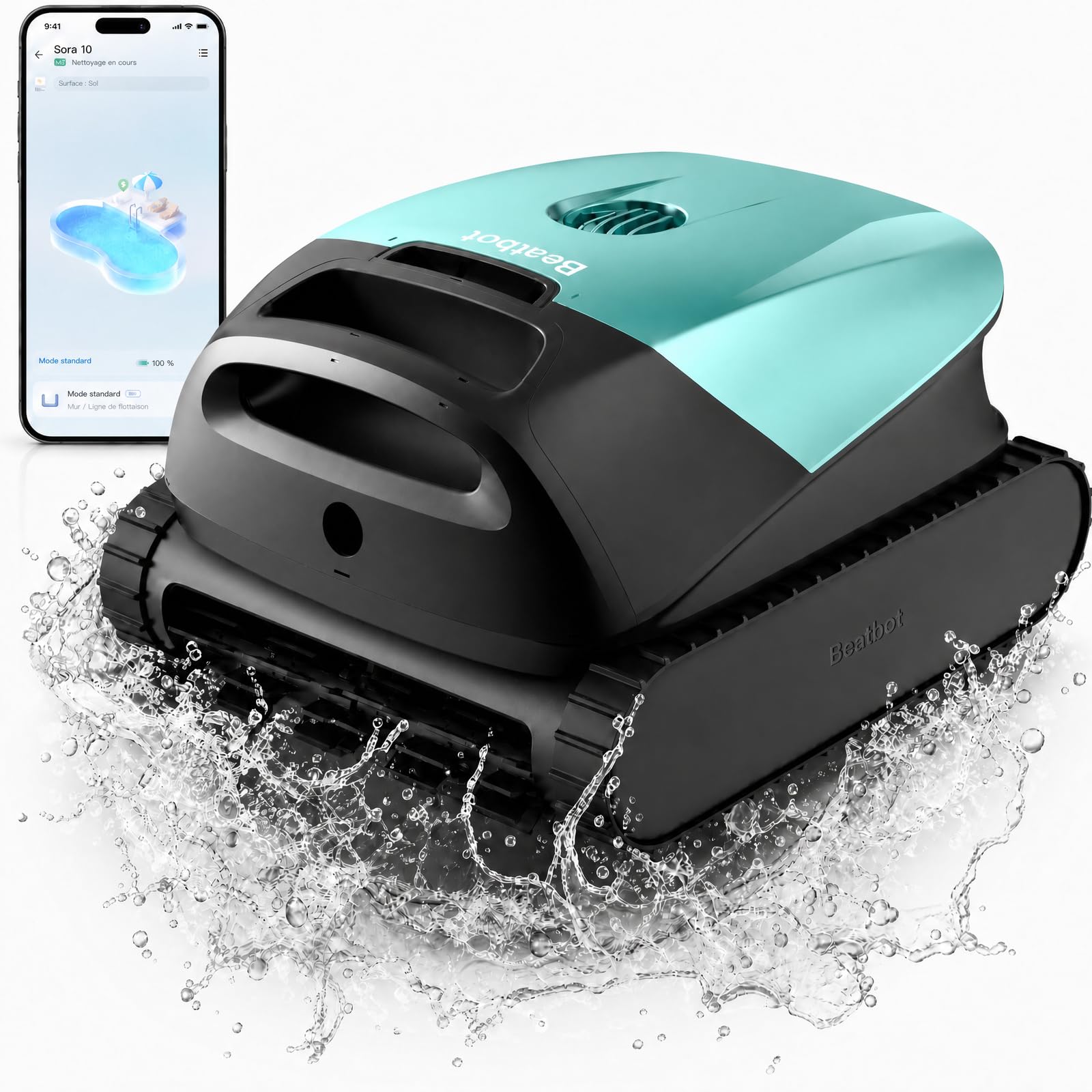Beatbot Sora 10 Robot Piscine sans Fil 25700 LPH Fond Parois Ligne d'eau Plages Immergées Filtre 5L Spécial Feuilles 300 Min 300m² Vert