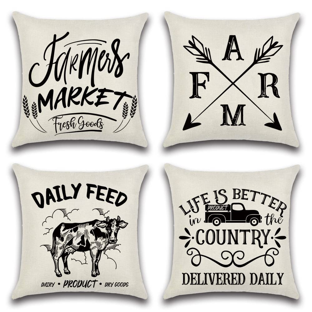 Housse de coussin lin retro 45x45 cm - Lot de 4 tetes de coussin carrees imprimees pour canape
