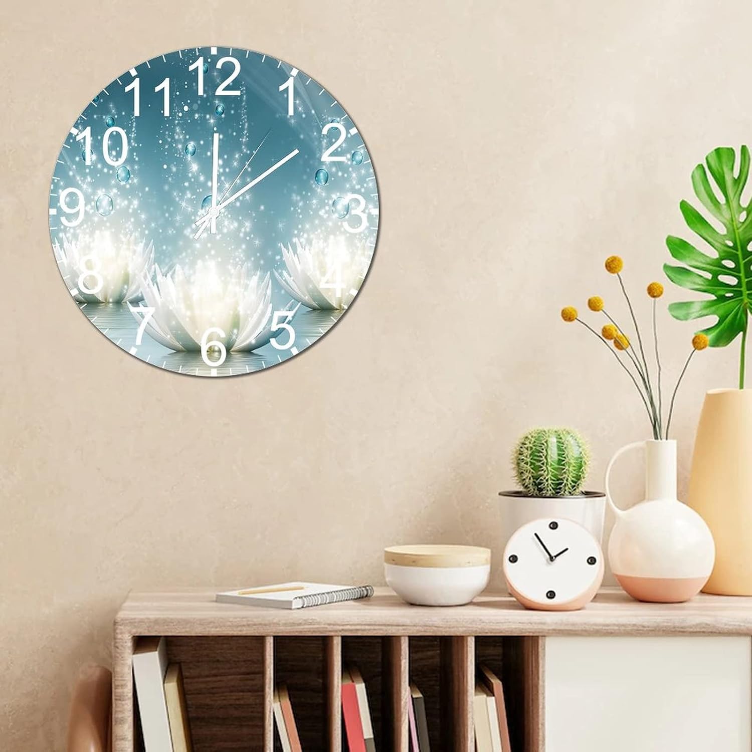 10 in Hanging Clock Water Lilies Flower Wooden Wall Clock Yoga Magic Wall Art Shabby Chic Silent & Non-Ticking Battery Operated Novelty Popular Wall Decor for Mantel Study Room Hotel Porch image 4