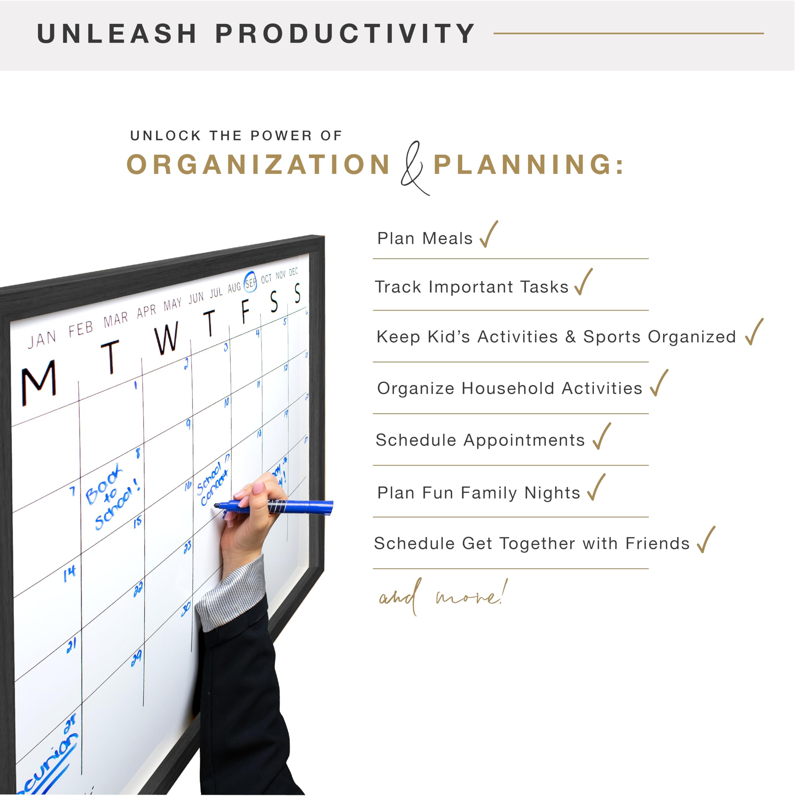 MCS Home Command Center Calendrier mensuel effaçable à sec Noir 61 x 61 cm