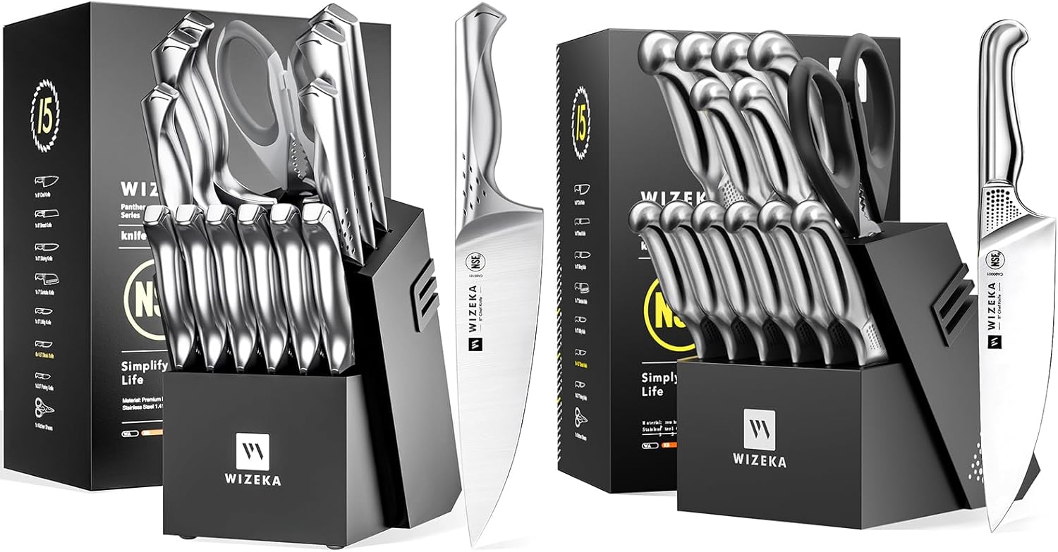 Kitchen Knife Set with Block,15PCS German Stainless Steel Knife Block Set,One-Piece Design Knives Set for Kitchen, Professional Knife Set with Built-in Sharpener