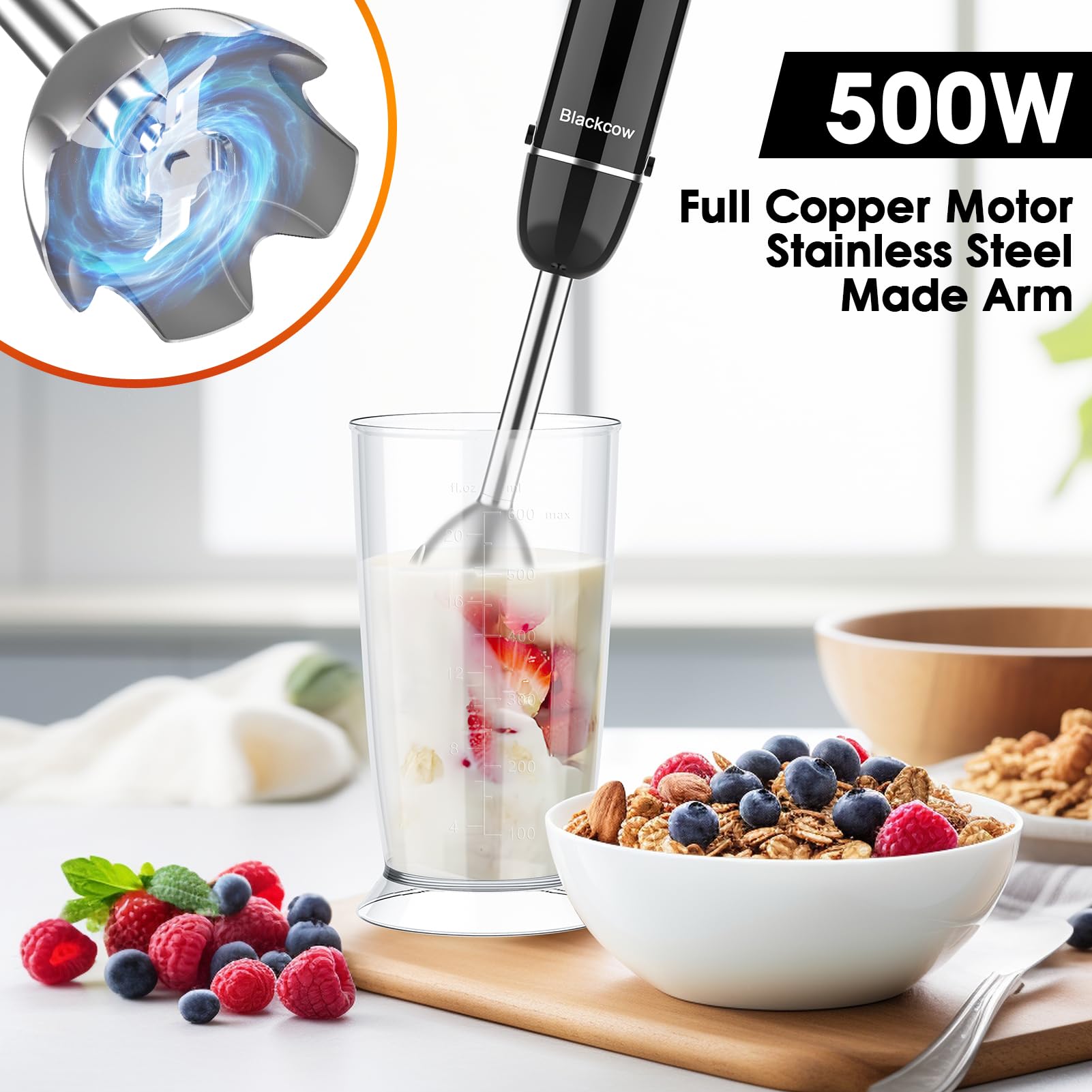 Blackcow - Juego de licuadora de inmersión de mano, licuadora de mano 500 W, 12 velocidades 5 en 1 para cocina, cuchillas de acero inoxidable 3D para sopa, procesador de alimentos para bebés, batidor,