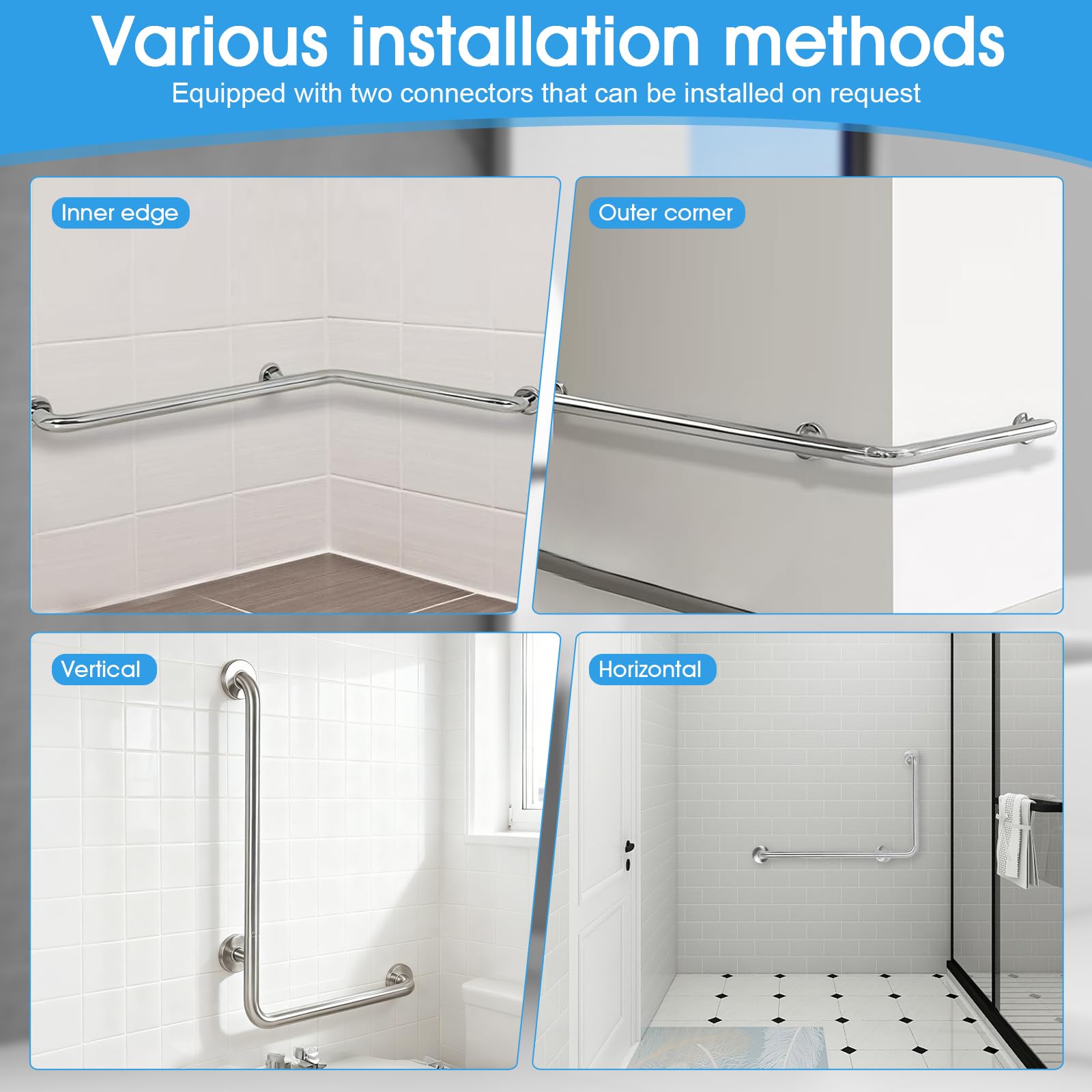 Maniglia per doccia, 70 x 50 cm, a forma di L, in acciaio inox, per anziani e incinte, impugnatura di sicurezza per bagno, WC, corrimano da parete antiscivolo per hotel e casa (lucidato, destra)