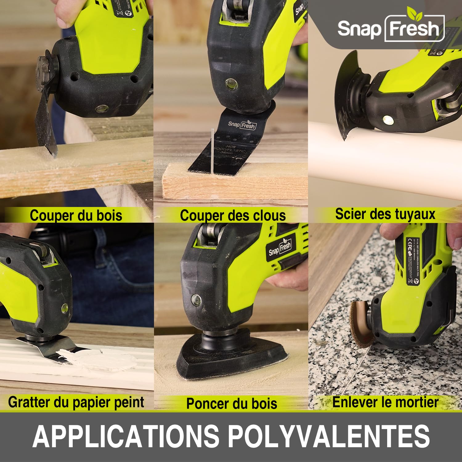 SnapFresh Outil Multifonction sans Fil 20V Scie Oscillants 6 Vitesses 5000-18000 tr/min, Angle Oscillant 3,2°, 24 Accessoires pour Couper, Poncer, Gratter, Scier, Polir, Polir, Bricolage