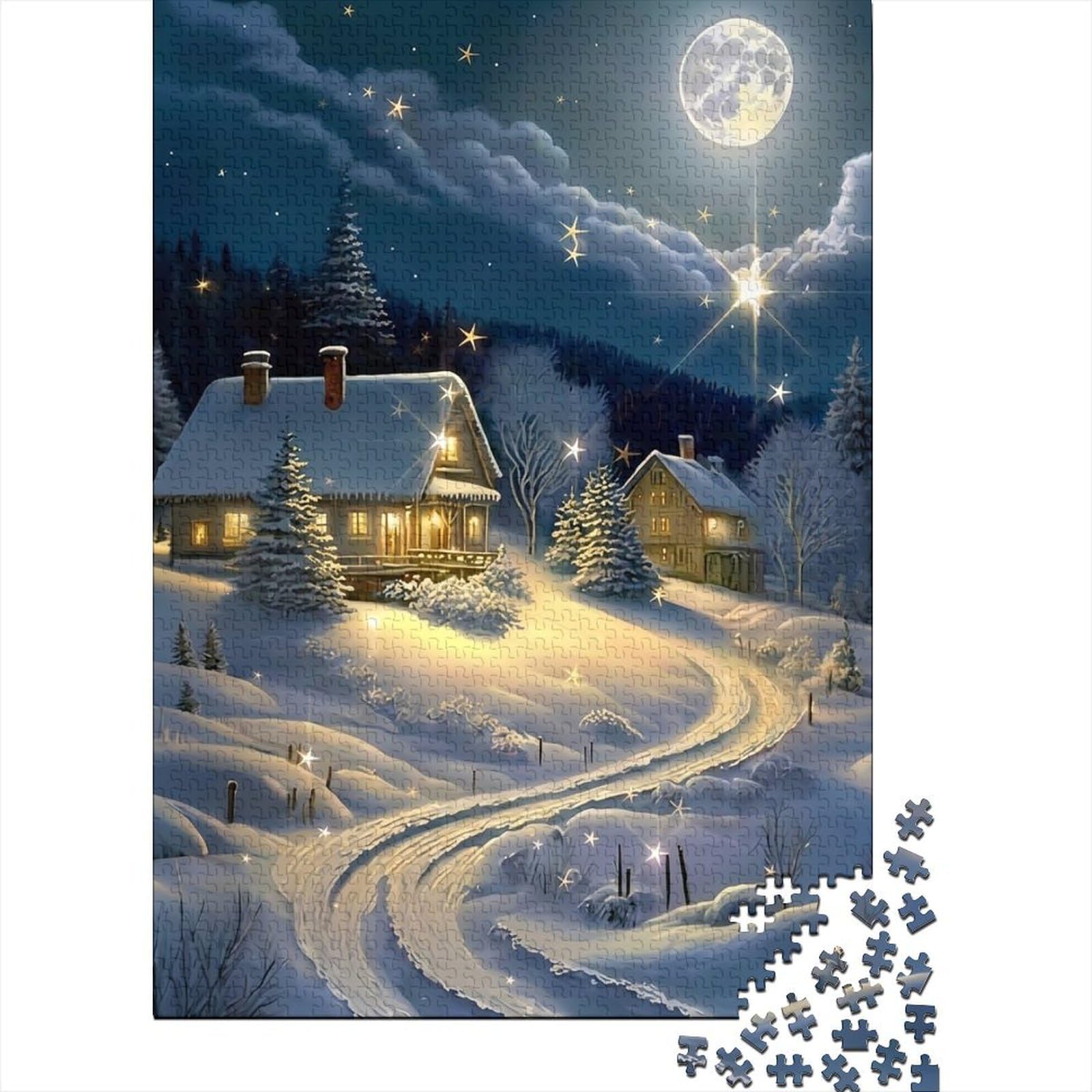 Winter Night Snow Cabin 1000 Piece Jigsaw Puzzle cardboard for adults Scenic Landscape Wall Art Decor Leisure Hobby