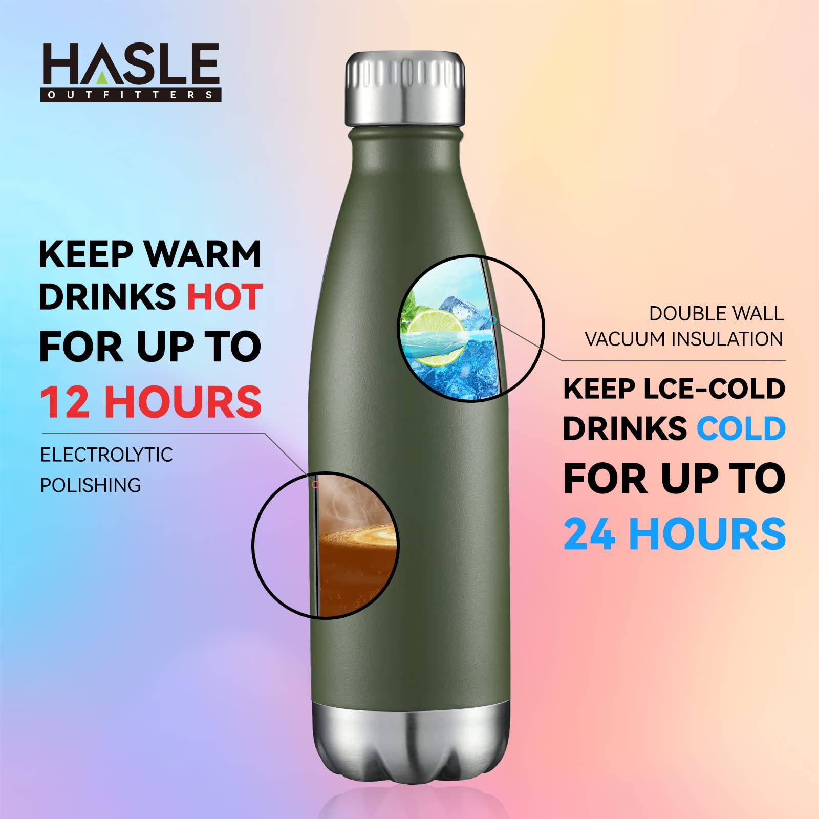 HASLE OUTFITTERS Botella de agua de acero inoxidable aislada al vacío de doble pared con tapa para deportes, viajes al aire libre a prueba de fugas