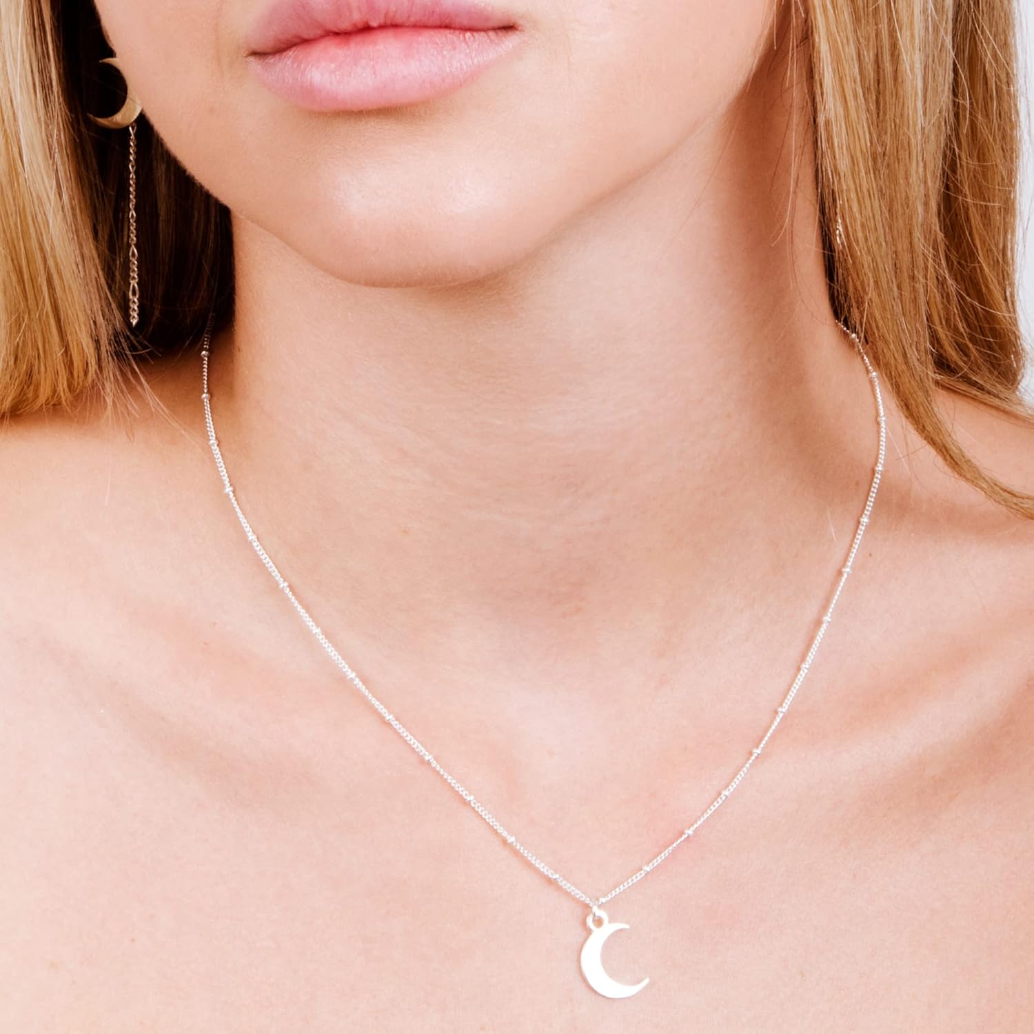Sterling Silver Moon Necklace for Women - Crescent Pendnat on a Minimal Satellite Chain - Length 16" + 2" Extender (sterling silver) - Image 2