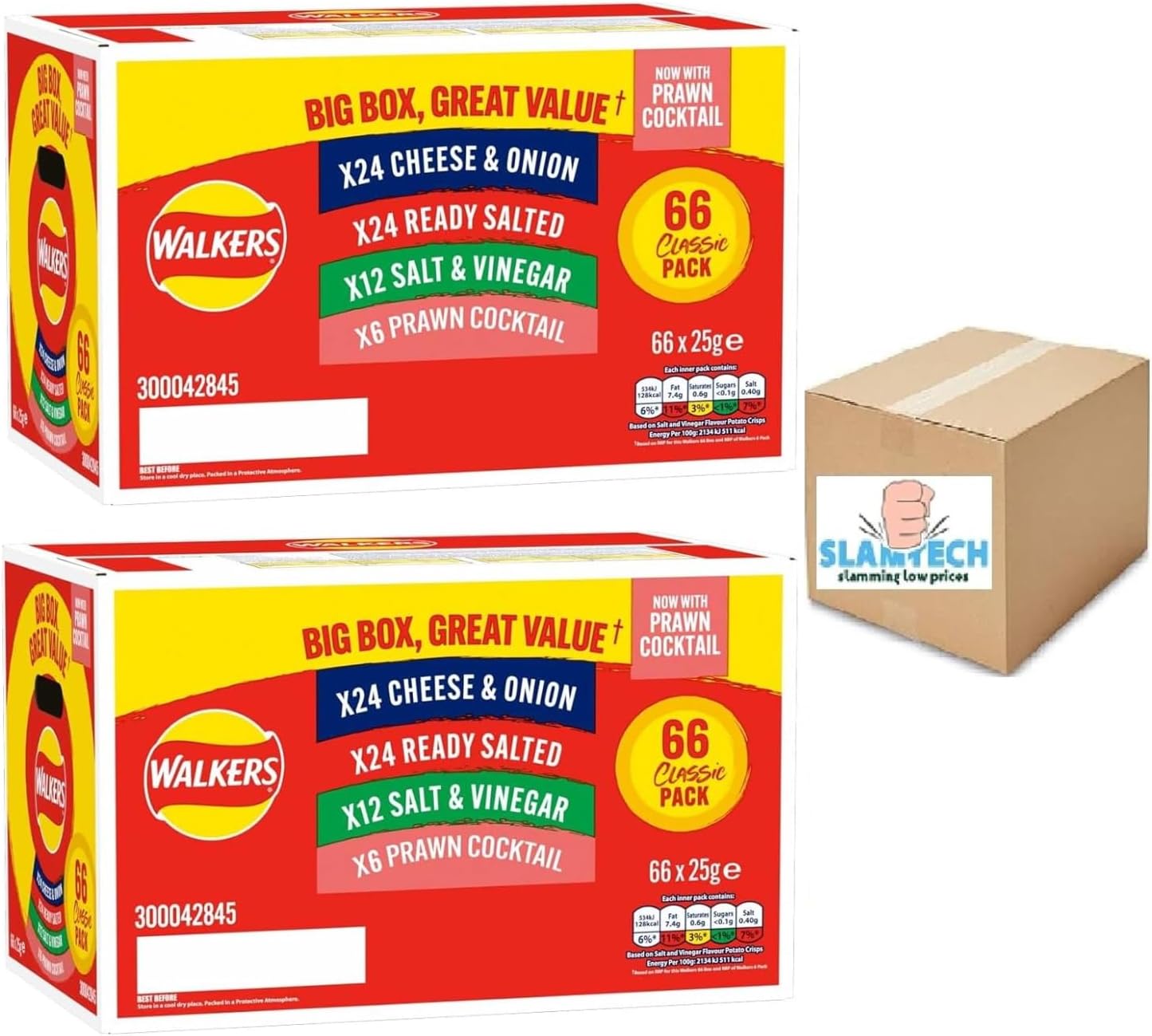 Walkers Classic Variety Box, 132 Crisps Pack, 25g Each, 4 Flavours - Cheese & Onion, Ready Salted, Salt & Vinegar, Prawn Cocktail 4 Different Flavours Boxed Slamtech