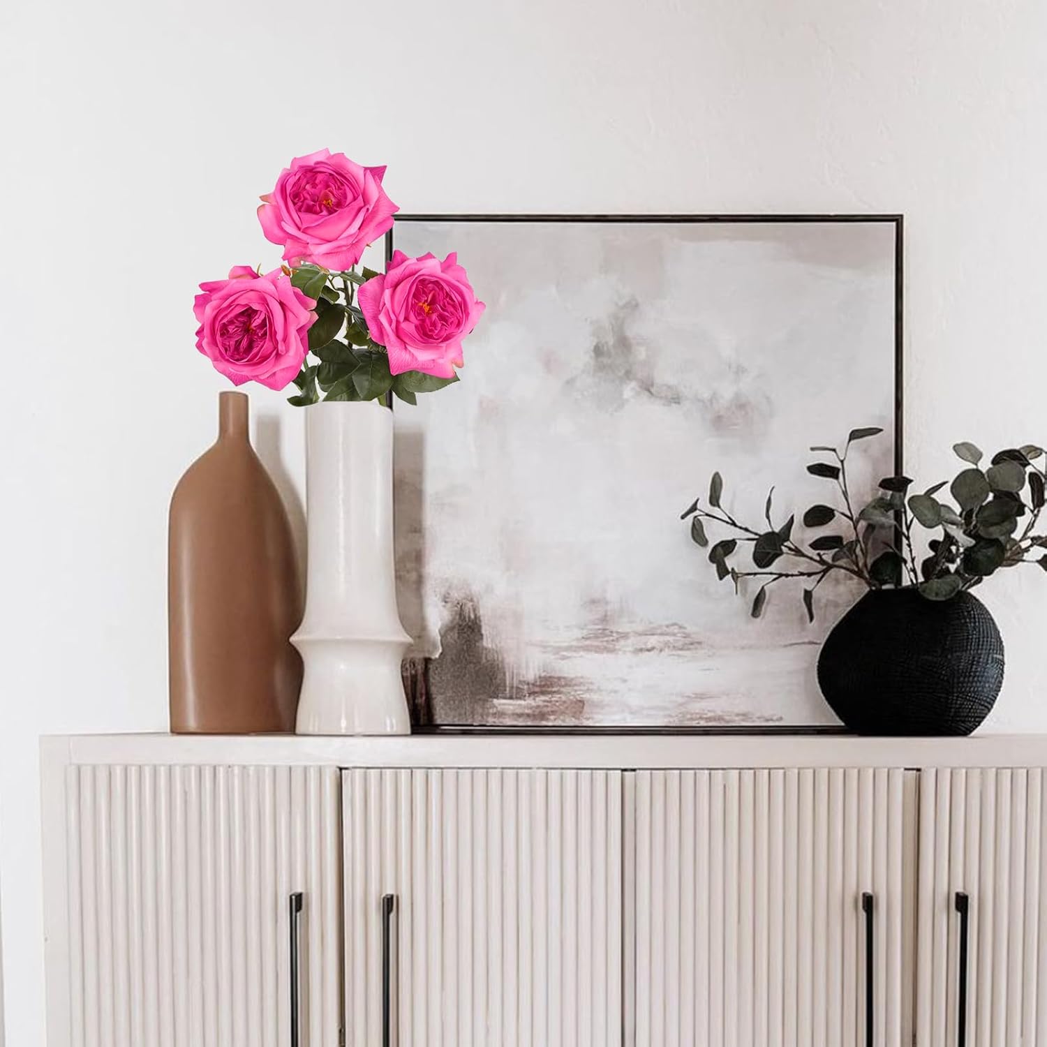 3PCS Hot Pink Real Touch Rose 5.1'' Large Roses 23.62'' Artificial Austin Roses with Stems for Tall Vases Faux Roses Peonies for DIY Wedding Bouquets & Home Decor(Hot Pink) - Image 5