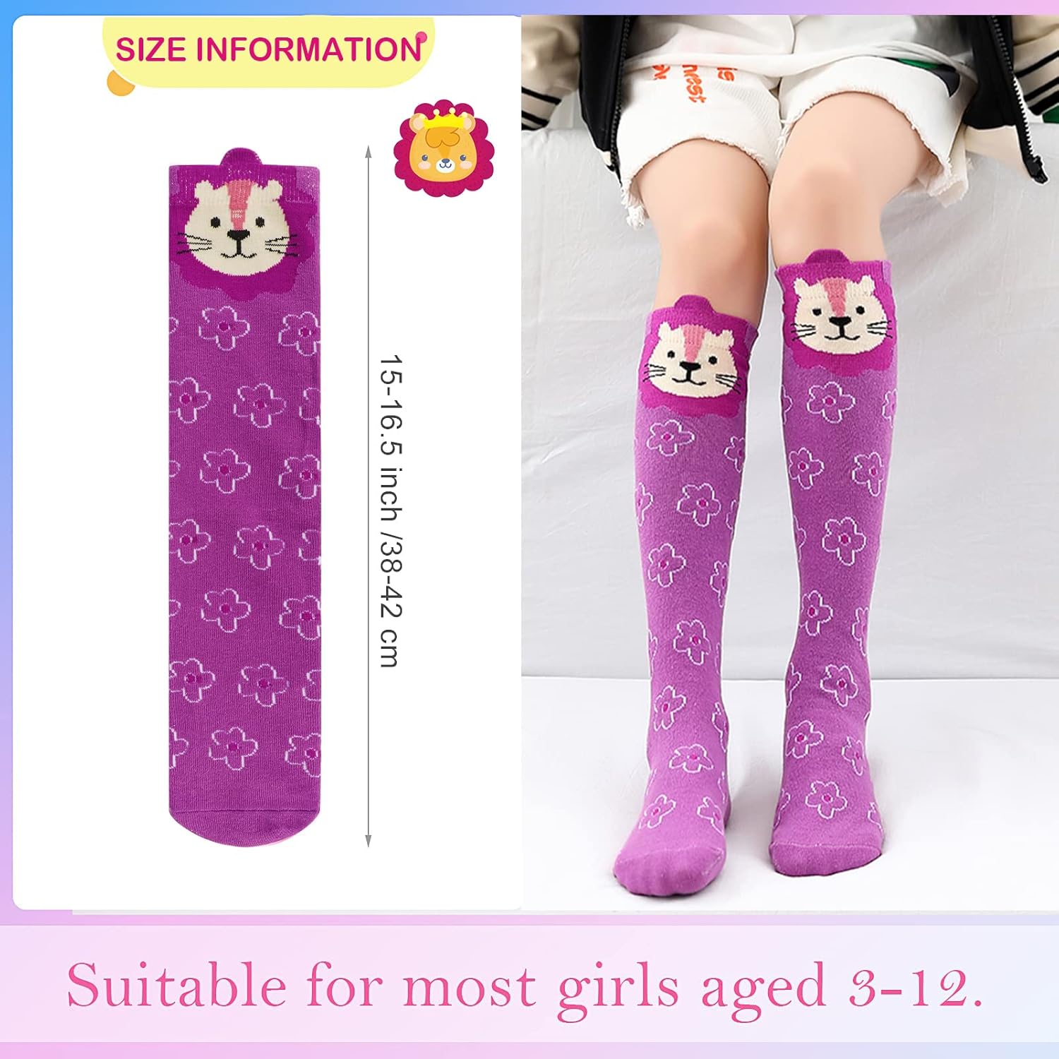 PHOGARY 6 Pairs Girls Knee High Socks, Cute Animal Socks Colorful Cartoon Animal Warm Cotton Stockings Mid Calf Long Boot Socks For 3-12 Years Girls, One Size - Image 2