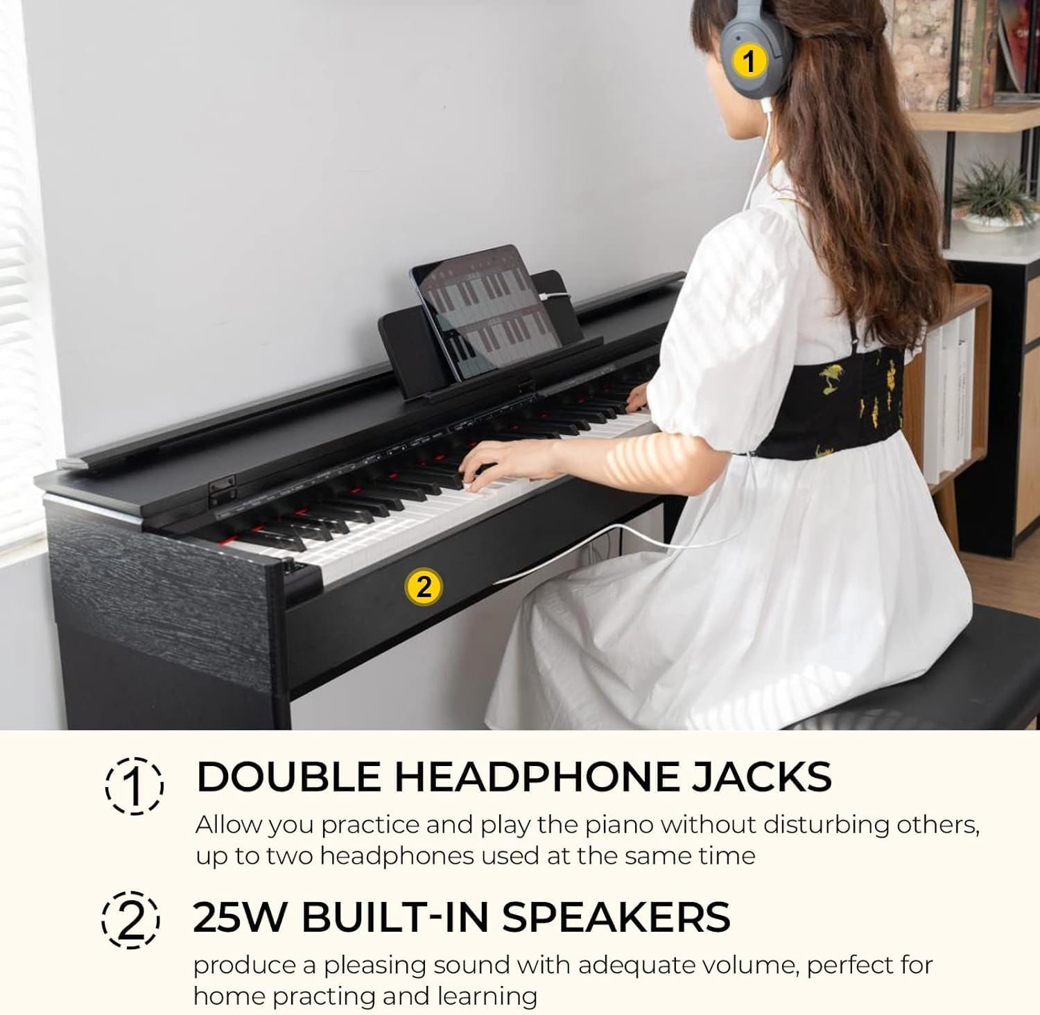 Dual Headphone Jacks and Built-in Speakers