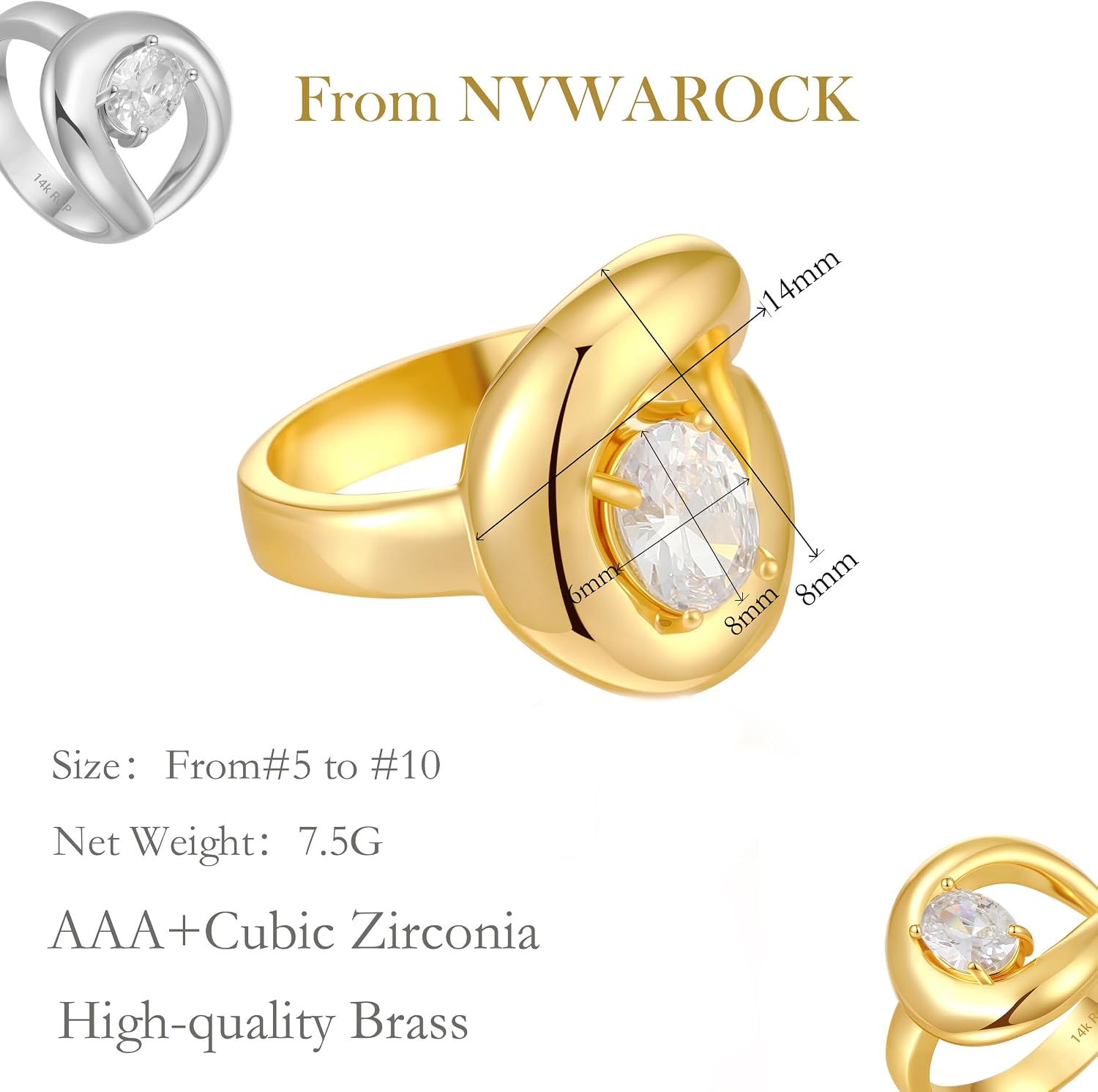 14K Gold Plated Ring for Women, Oval Cubic Zirconia Wrap Bands Ring, Chunky Dome Statement Ring Size 5 to 10
