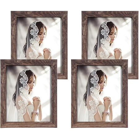 Q.Hou 8x10 Picture Frame Wood Patten Rustic Brown Photo Frames Packs 4 with High Difinition Glass for Tabletop or Wall Decor (QH-PF8X10-BR)