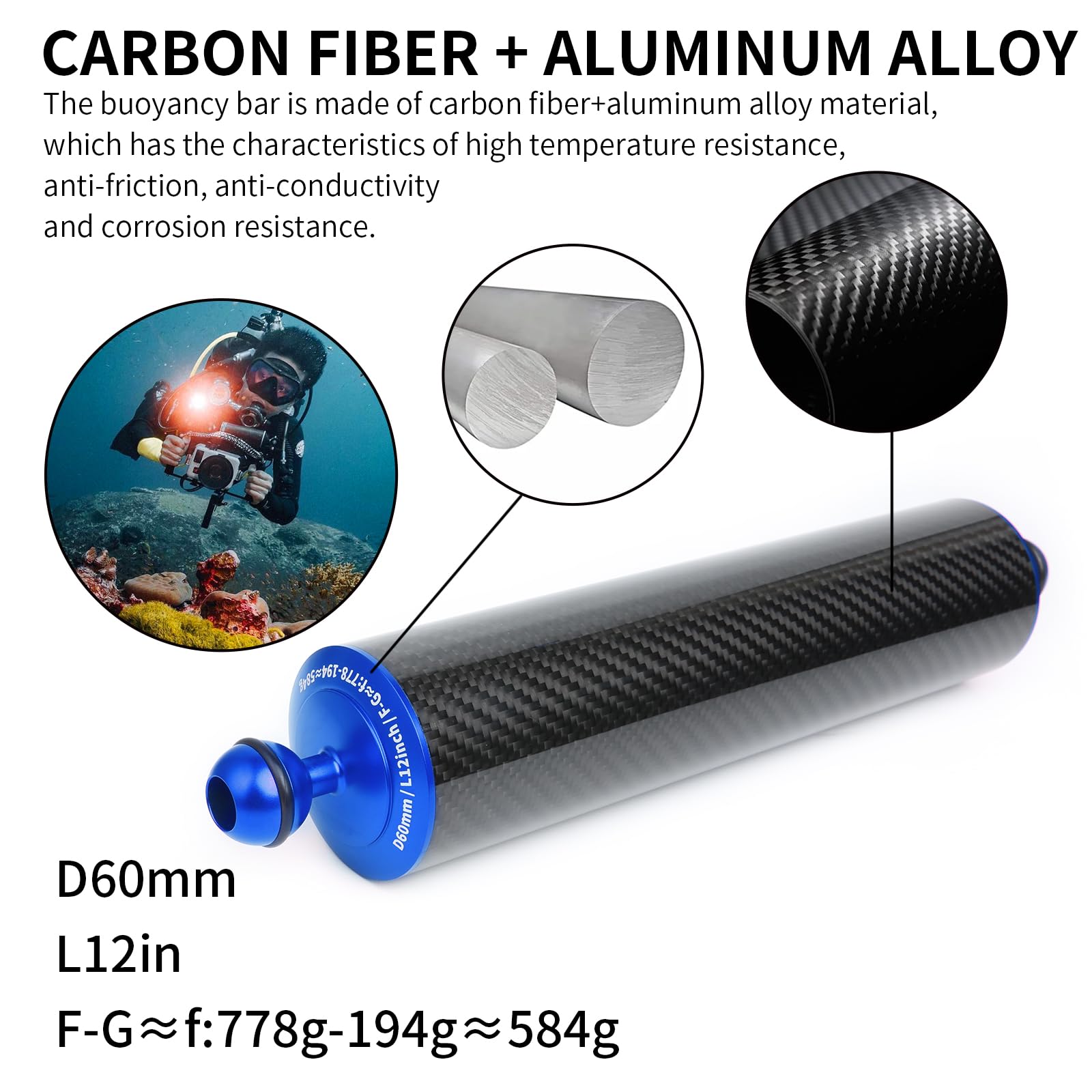 Bras Flottant sous-Marin 12" Fibre de Carbone Double Bras Flottant à Bille 1" Système d'Éclairage Plongée Lumière Vidéo Stroboscope 2 Pack
