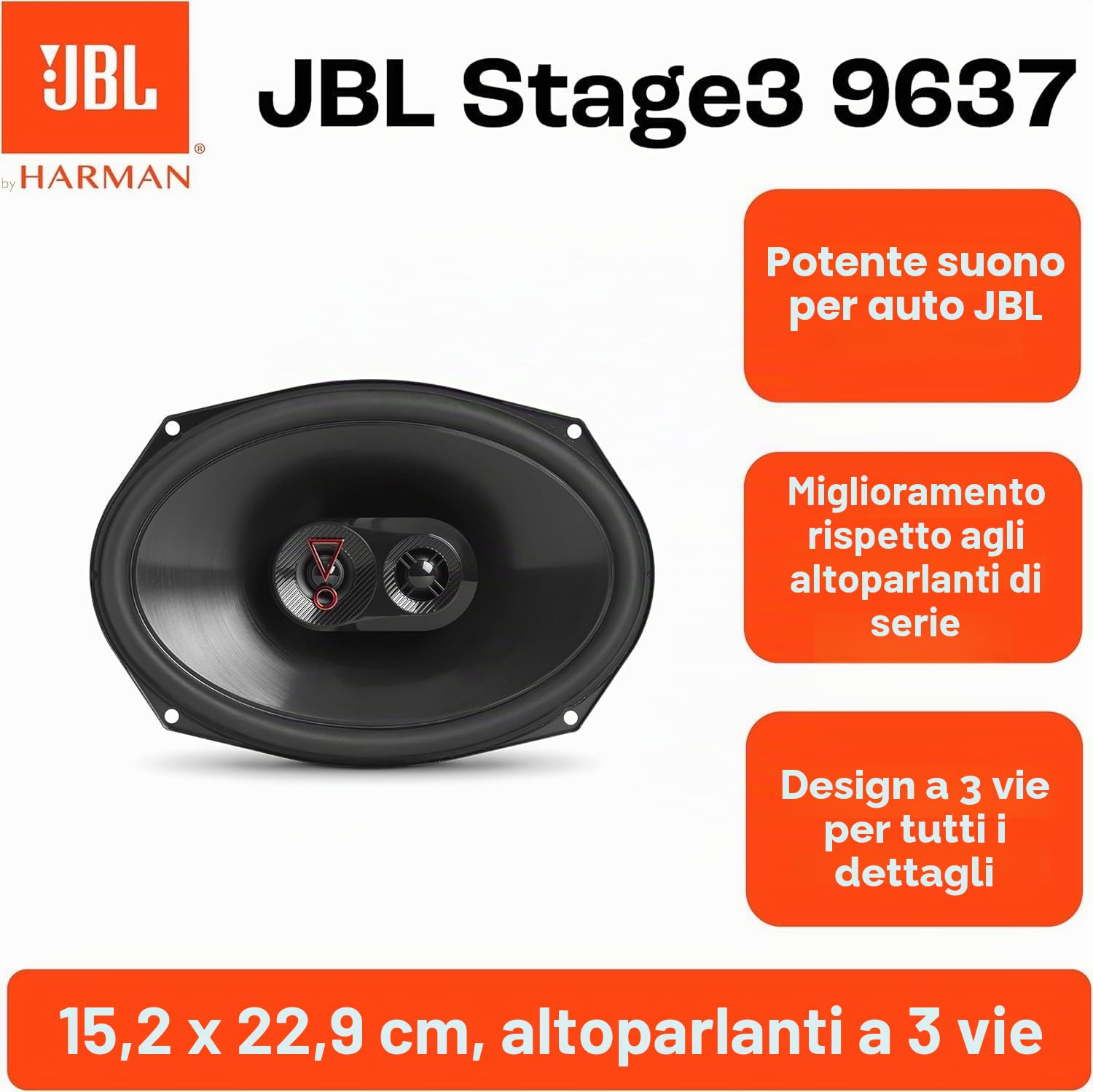 JBL Stage3 9637F - 3-Vie Casse Auto Set di Harman Kardon Senza Griglia - 375 Watt impianto stereo ovale Altoparlanti da 16.5 x 23 cm | 6x9" pollici
