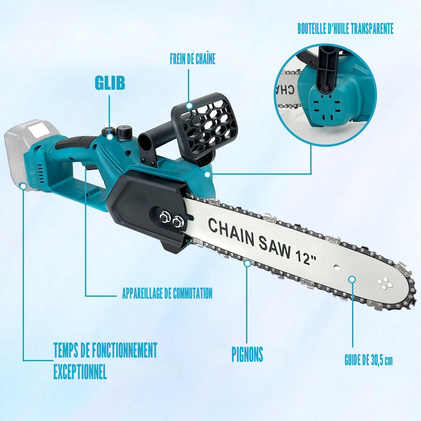 Upgrade tronçonneuse sans fil 12 pouces avec 2 batteries 18V 5,5 Ah et chargeur, moteur en cuivre 4100 tr/min, tronçonneuse à chaîne sans balais à lubrification automatique pour l'élagage des arbres