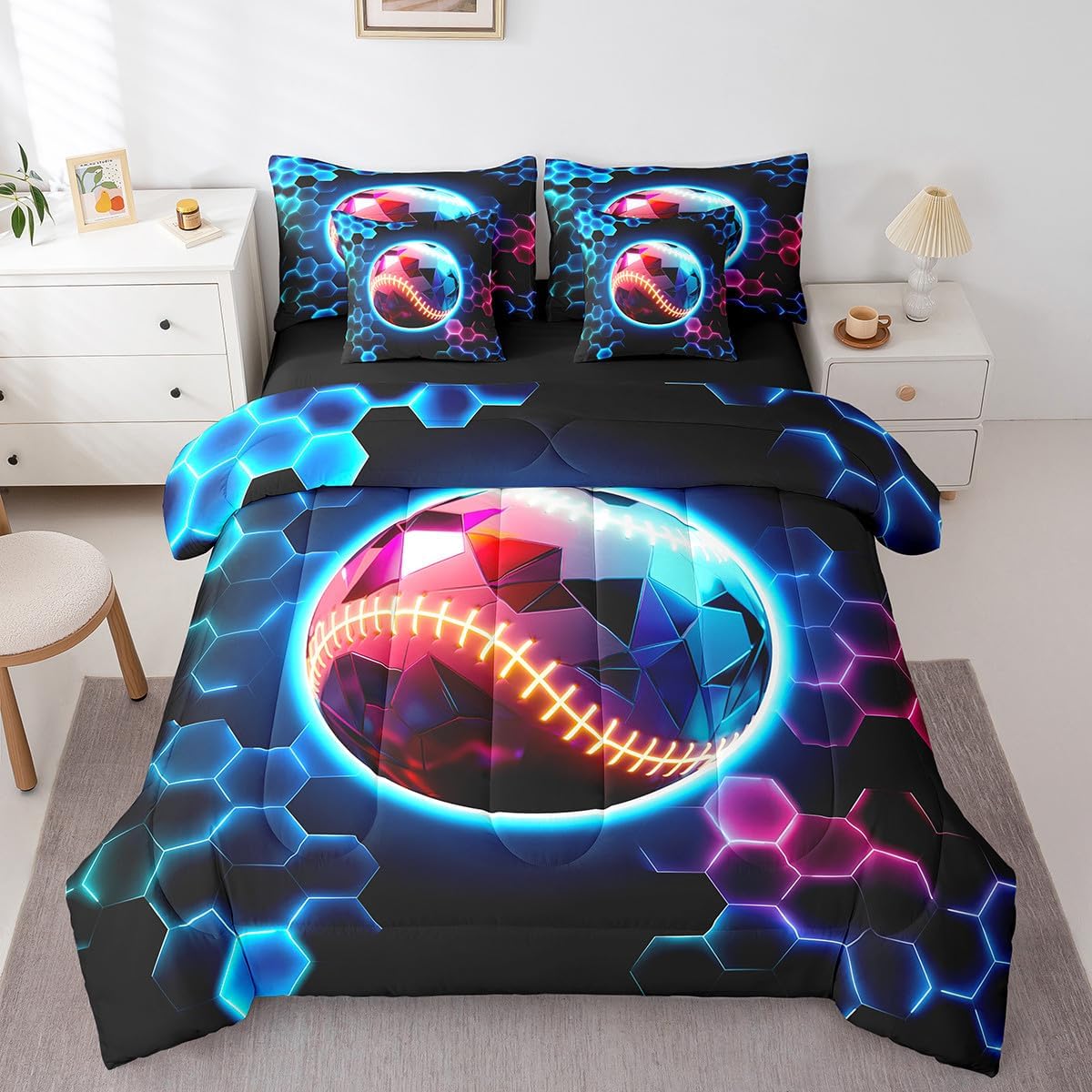 Football Queen Comforter Set 7Pcsfor Boys Sport Bedding Comforter Sets, Rainbow Neon Light Bed in a Bag Gradient Soccer Field Bedding Set, Ball Gaming Bed Sheets Set Yellow Pink (Black Reversible)