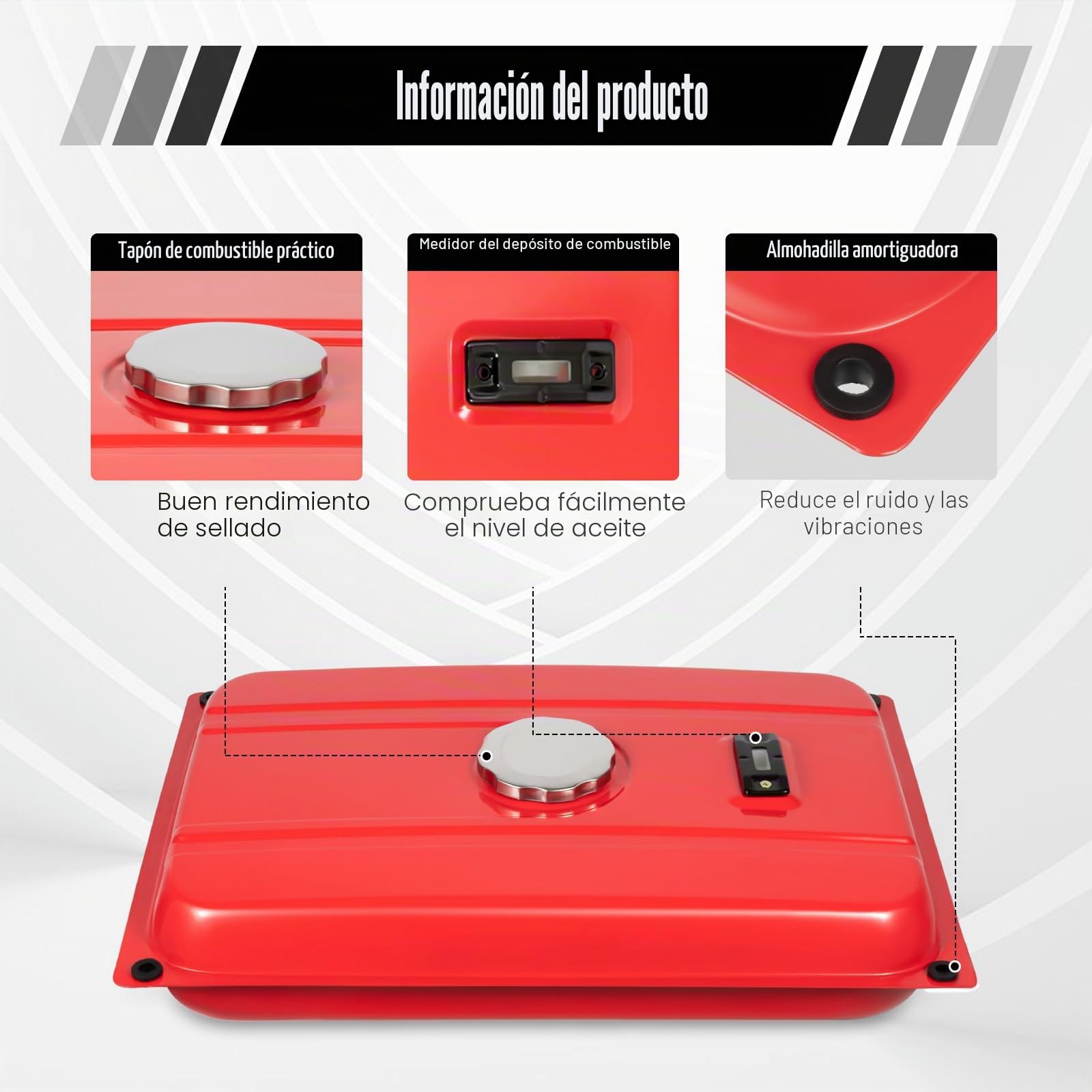 Depósito de combustible para generador [15L de hierro] Tanque de gasolina universal para generadores de electricidad, incl. filtro y llave de gasolina, 54,9x36 cm (Rojo) para construcción