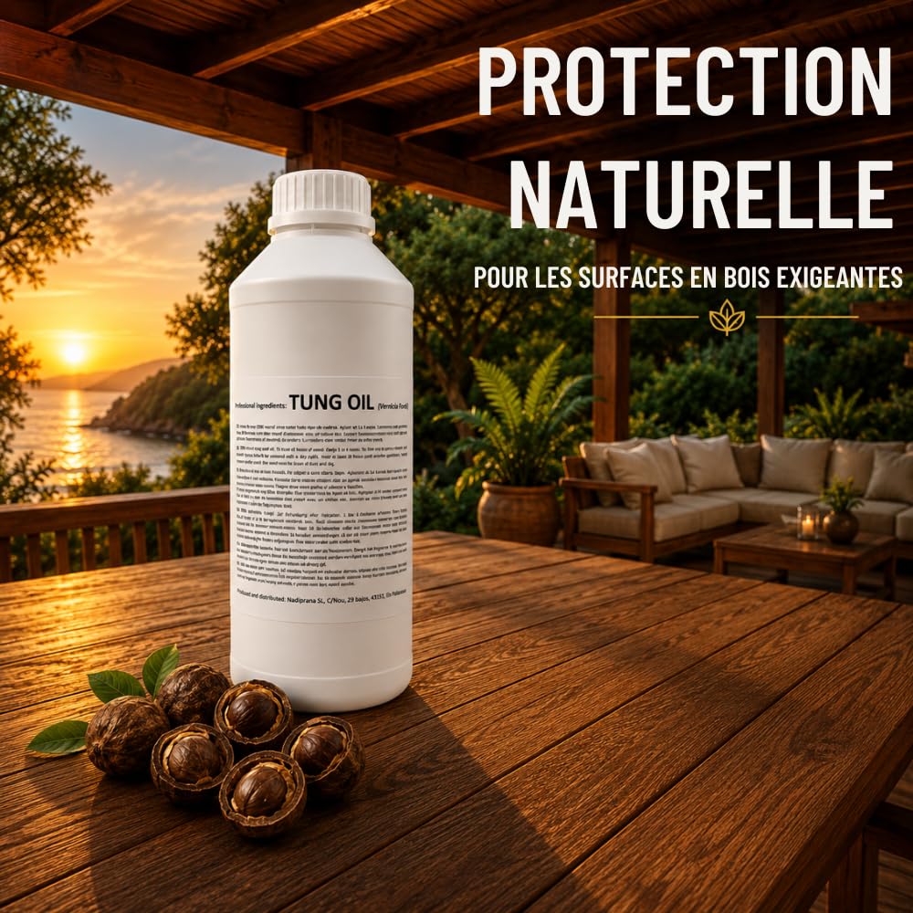 1 litre Huile de tung 100% pure | Entretien naturel du bois intérieur et extérieur | Il n'altère pas la couleur en laissant une couche imperméable très résistante. - Snadi