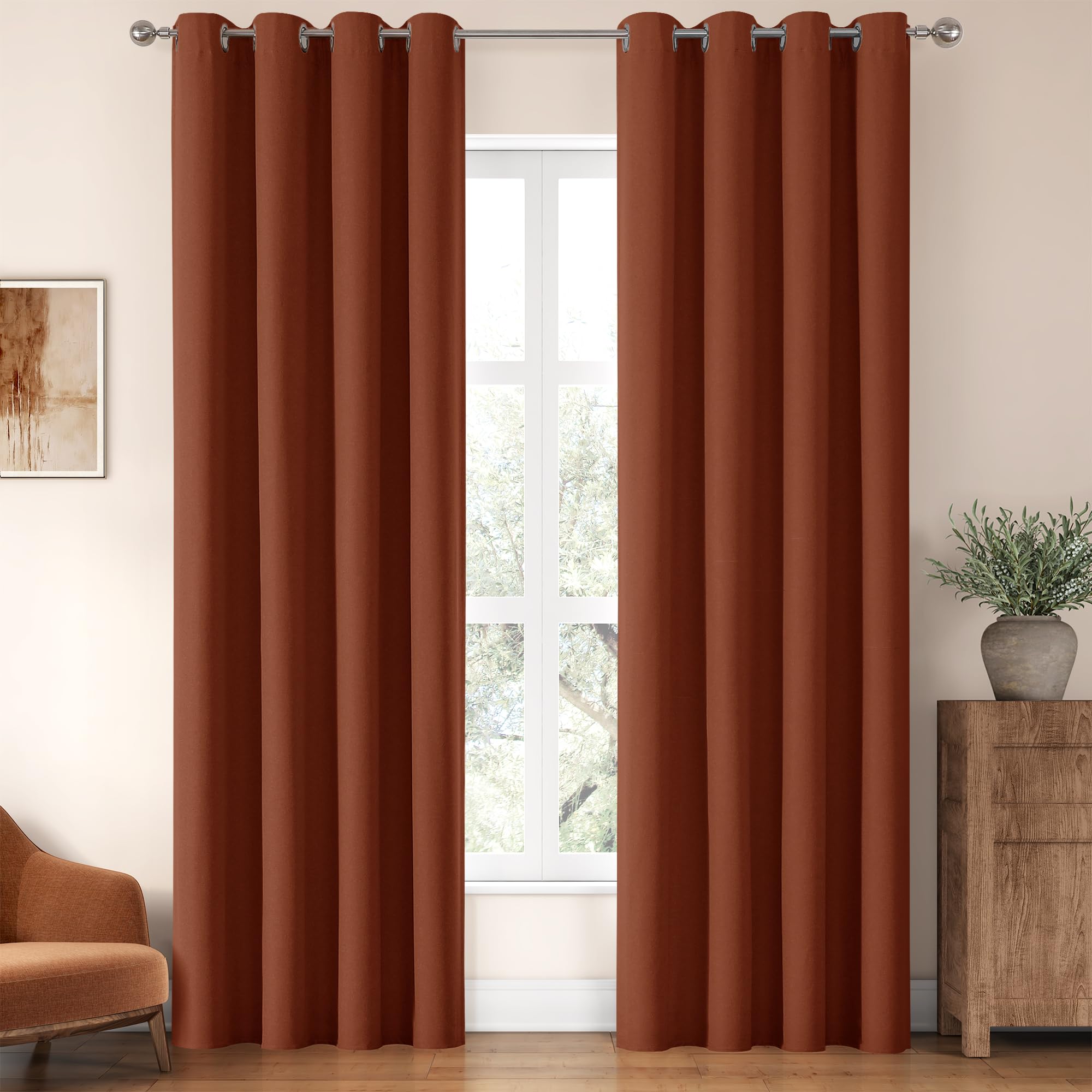 Photo 1 of ChrisDowa 100% Blackout Terracotta Solid Curtains 84 Inches Long 2 Panels for Bedroom Living Room,Farmhouse Room Darkening Thermal Insulated Soundproof Grommet Top Window Treatment Drapes,52x84