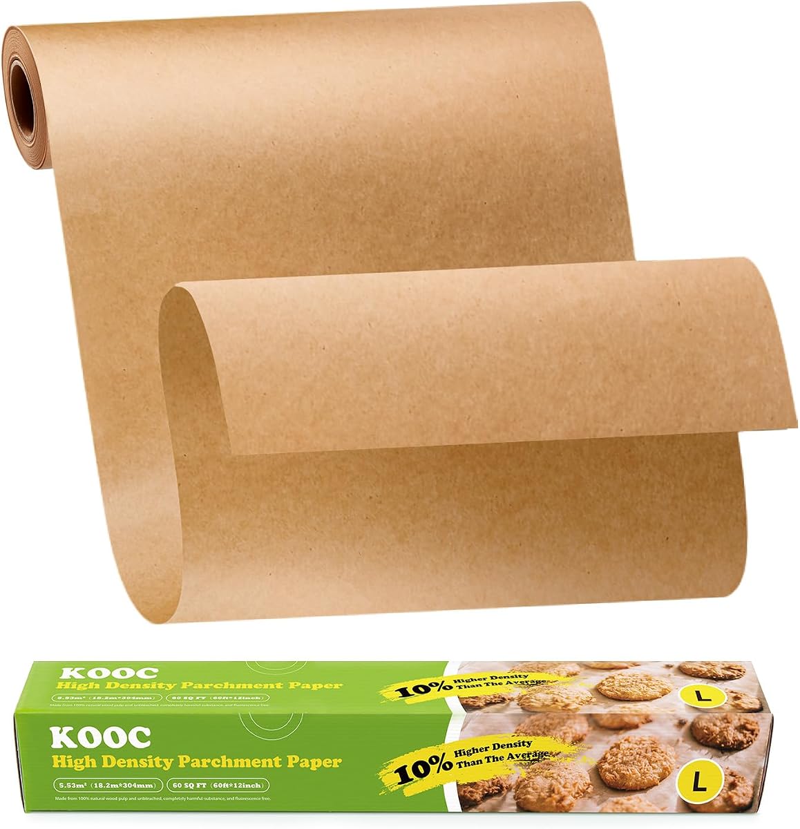 Rollo de papel pergamino premium de 60 pies - 12 pulgadas de ancho, papel para hornear antiadherente, sin blanquear - Ideal para hornear, cocinar y preparar alimentos - Cobertura de 60 pies cuadrados - Compostable, alta densidad