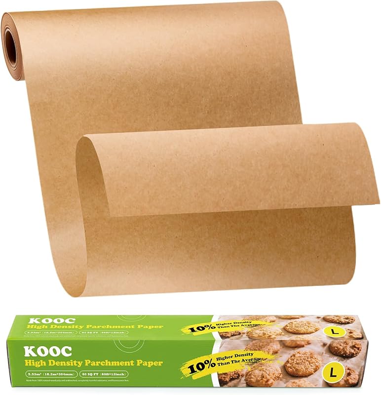 Rollo de papel pergamino premium de 60 pies - 12 pulgadas de ancho, papel para hornear antiadherente, sin blanquear - Ideal para hornear, cocinar y preparar alimentos - Cobertura de 60 pies cuadrados - Compostable, alta densidad