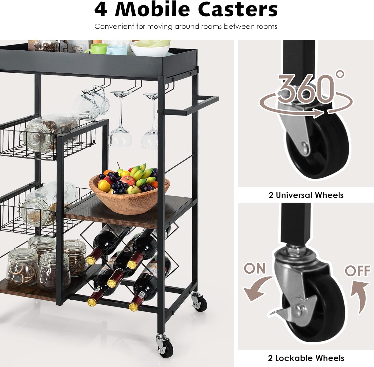 Close-up of the 360-degree rotating casters and lockable wheels on the cart