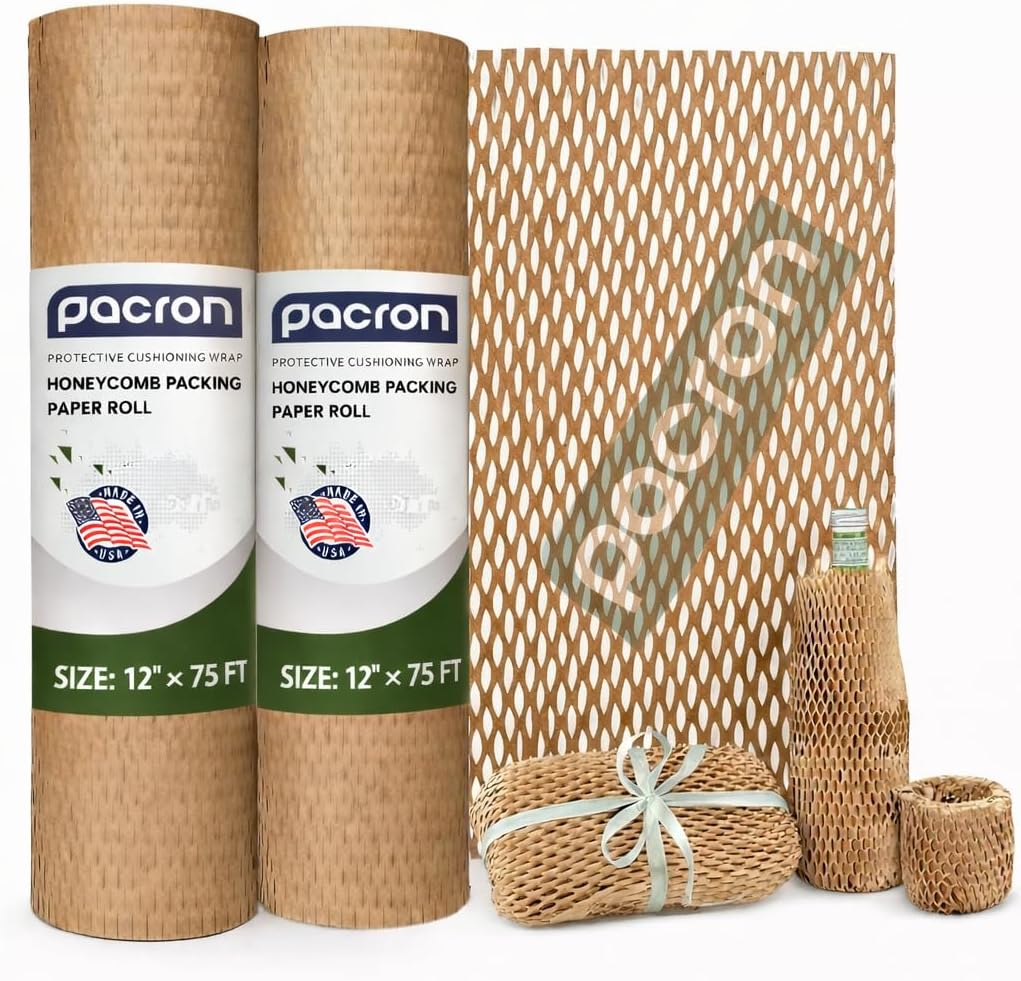 Honeycomb Packing Paper Roll – Eco Friendly Bubble Wrap Alternative for Fragile Shipping, Plastic-Free Honeycomb Wrap for Glass, Ceramics & Moving Supplies, (12"x150Ft)