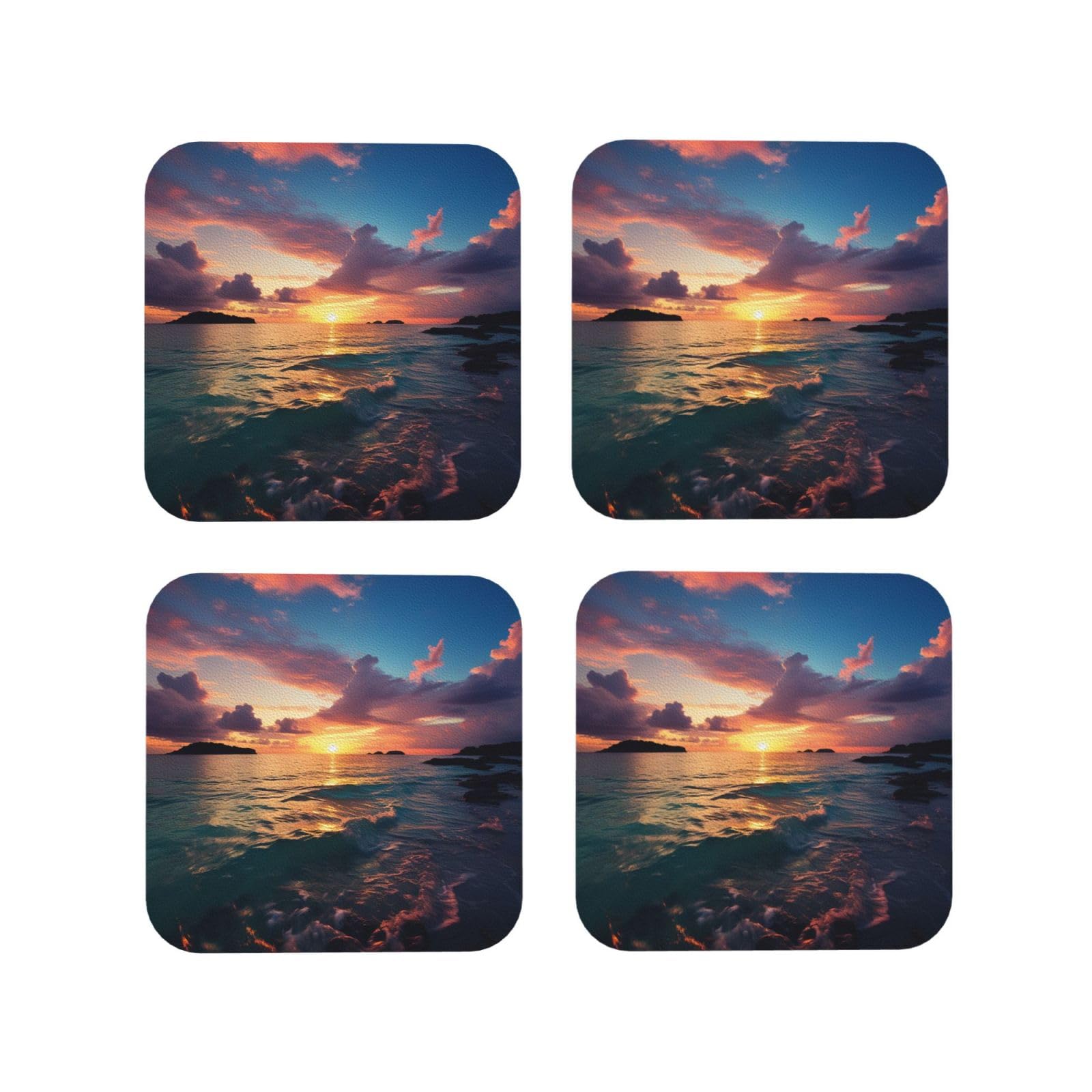 4Pcs PU Leather Coaster for Drinks, Ocean and Sunset Cup Coastersr 4" Cup Mat Pad, Aesthetic Drink Coasters for Coffee Table, Square Coaster for Tabletop Protection