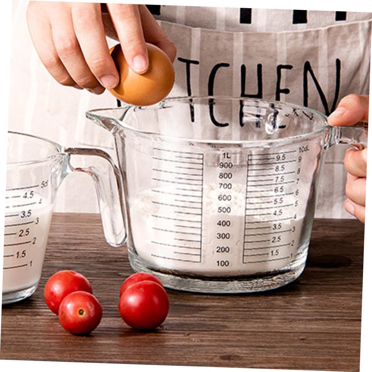 Cabilock Vaso Jarra al Calor Resistente con Vidrio Medidor Tapa Medidora Madera Escala Práctica Medir para Cocina, Adecuado Líquidos y Aceites