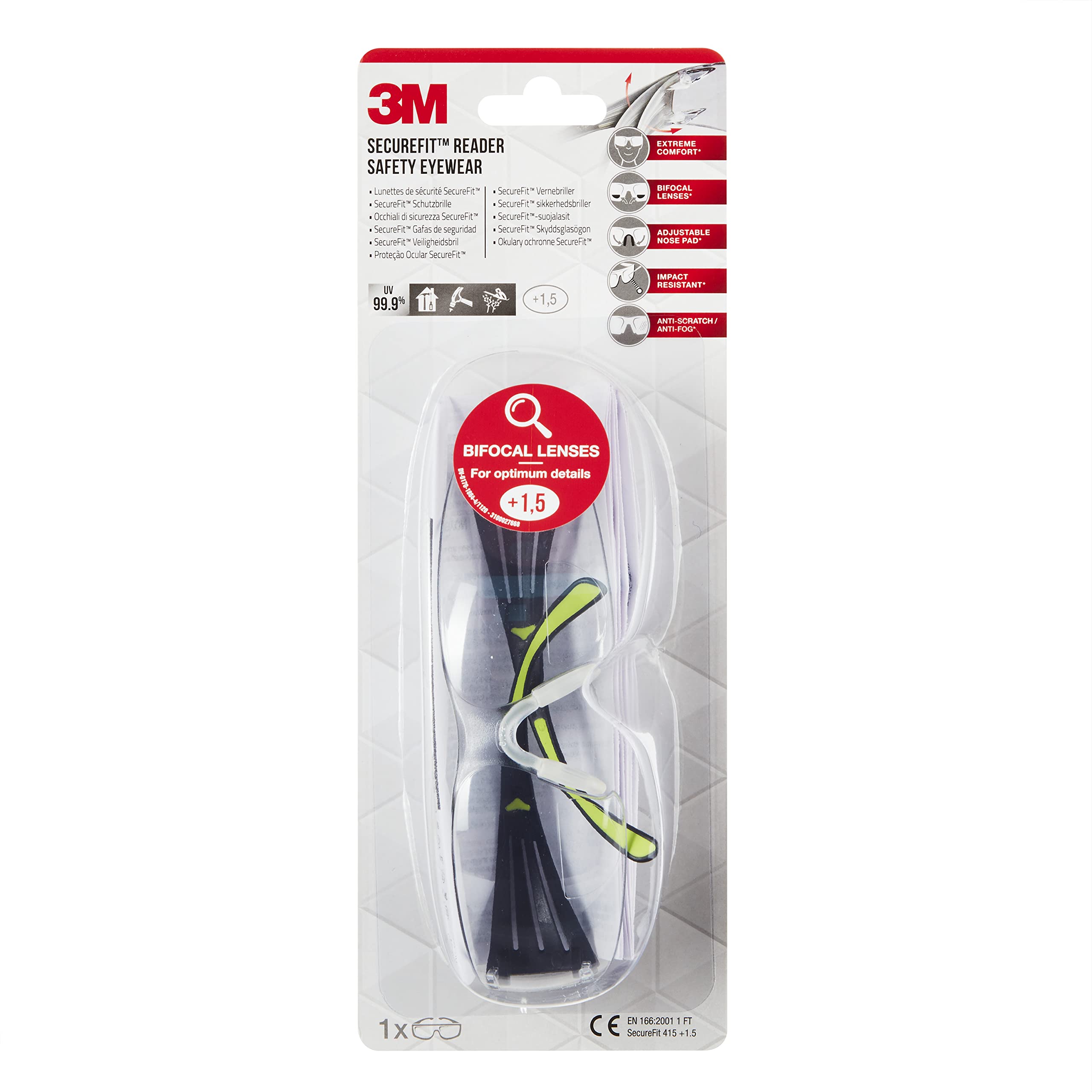 Lunettes de sécurité et de lecture 3M SecureFit SF415, +1,5 dioptrie, antirayure, optiques transparentes, 1/PCK, 6PCK/CV