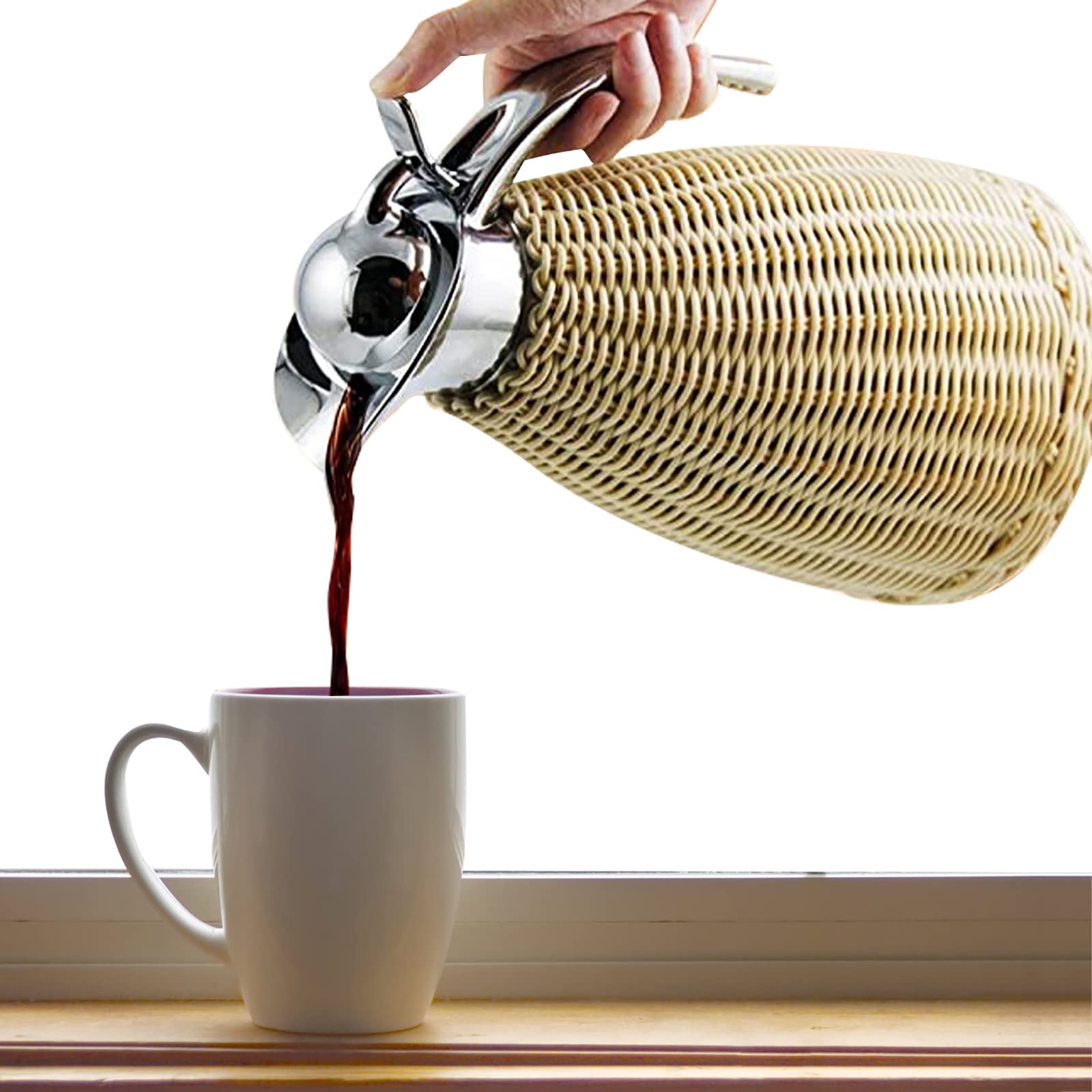 Generic Caraffa termica per caffè in acciaio inox, elegante e resistente, 1,5 l, 12 ore di calore e ritenzione del freddo per 24 ore, corpo in rattan intrecciato, caraffa termica per caffè