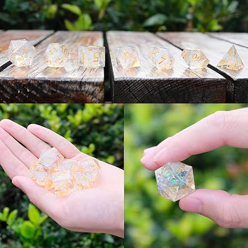 Miniatura 6 de DND - Juego de dados de resina con borde afilado, hecho a mano, 7 piezas poliédricos RPG MTG D&D con estuche de regalo (amarillo)