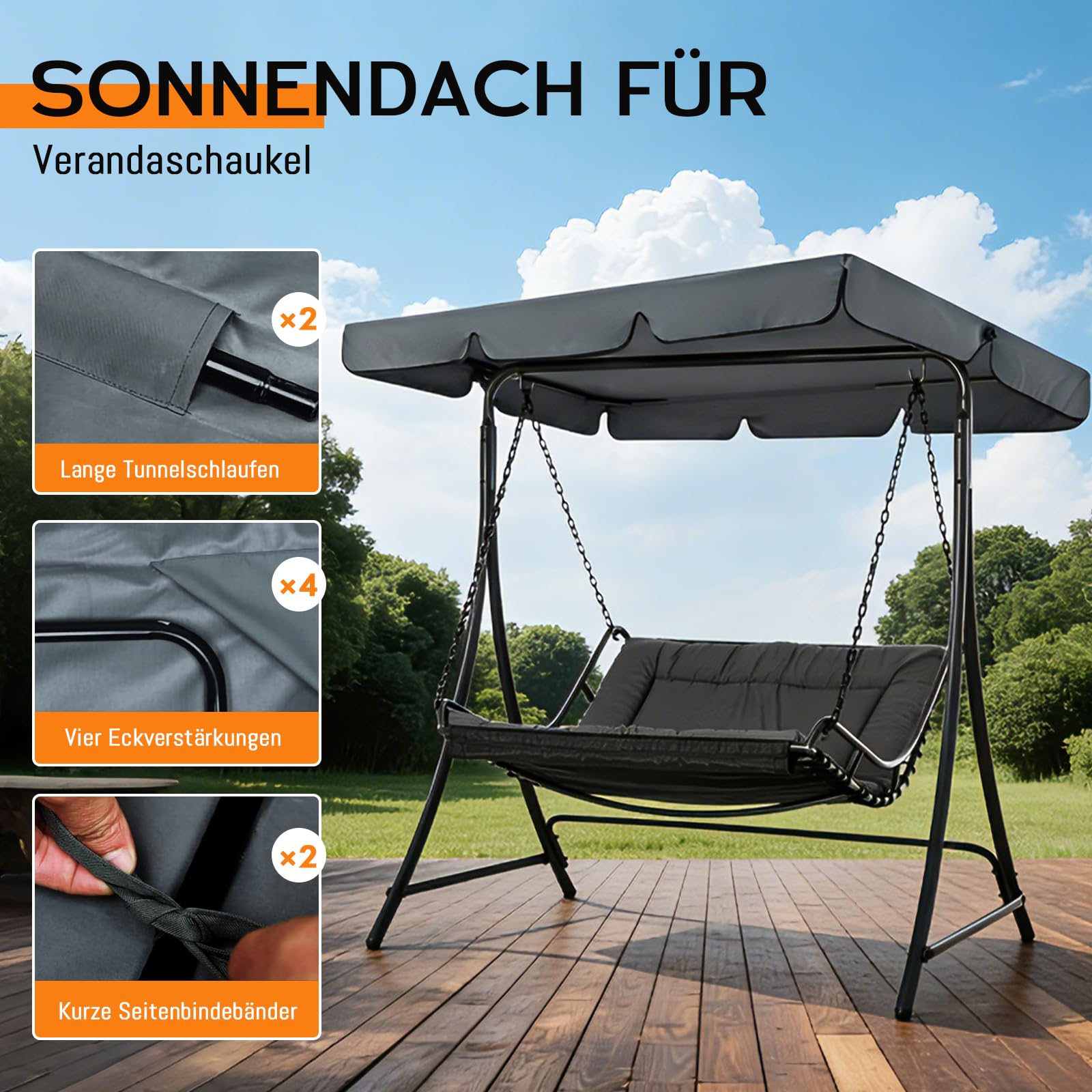 Hollywoodschaukel Dachbezug, 210 x 145 cm Universal Ersatzdach Gartenschaukel 3 Sitzer, Wetterbeständig Sonnendach für Gartenschaukel, UV-Schutz Sonnendach (210 x 145 cm)