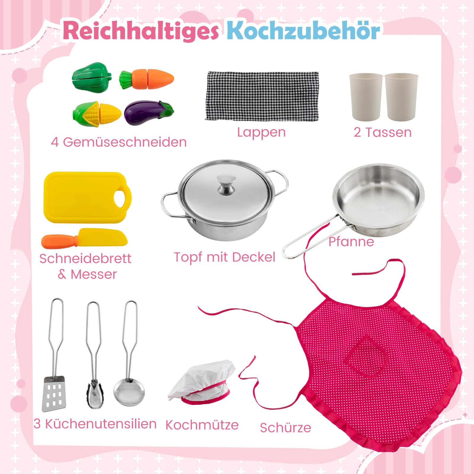 GOPLUS Drewniana kuchnia dziecięca, kuchnia do zabawy z realistycznym światłem i dźwiękiem, kuchnia zabawkowa z kuchenką, kuchenką mikrofalową, okapem kuchennym, pralką i akcesoriami, drewniana