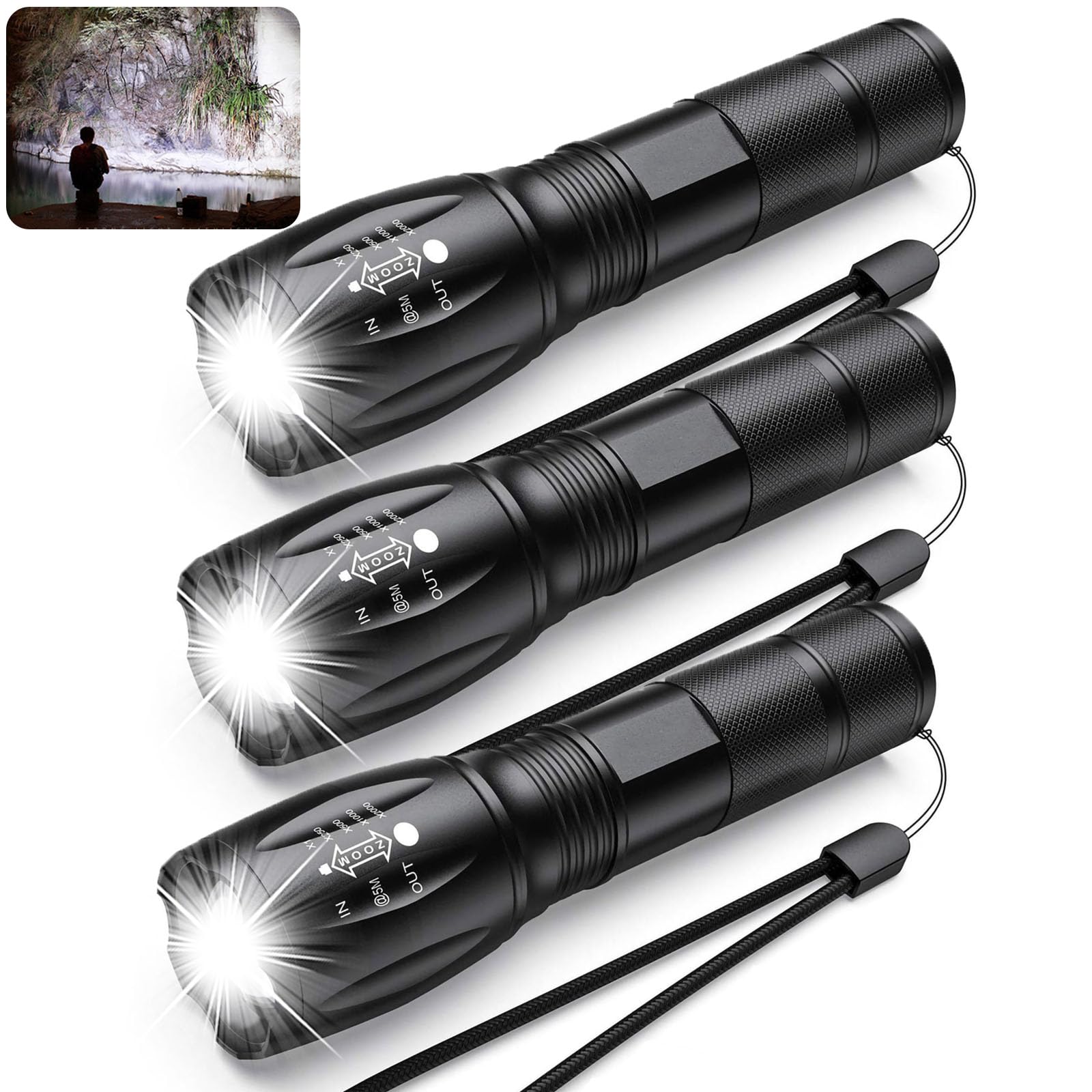 Swanlake Rechargeable LED Flashlight, Super Bright Tactical Flashlights, Zoomable Waterproof Flashlights with 5 Lighting Modes for Emergencies, Hiking, Camping(3Pack)