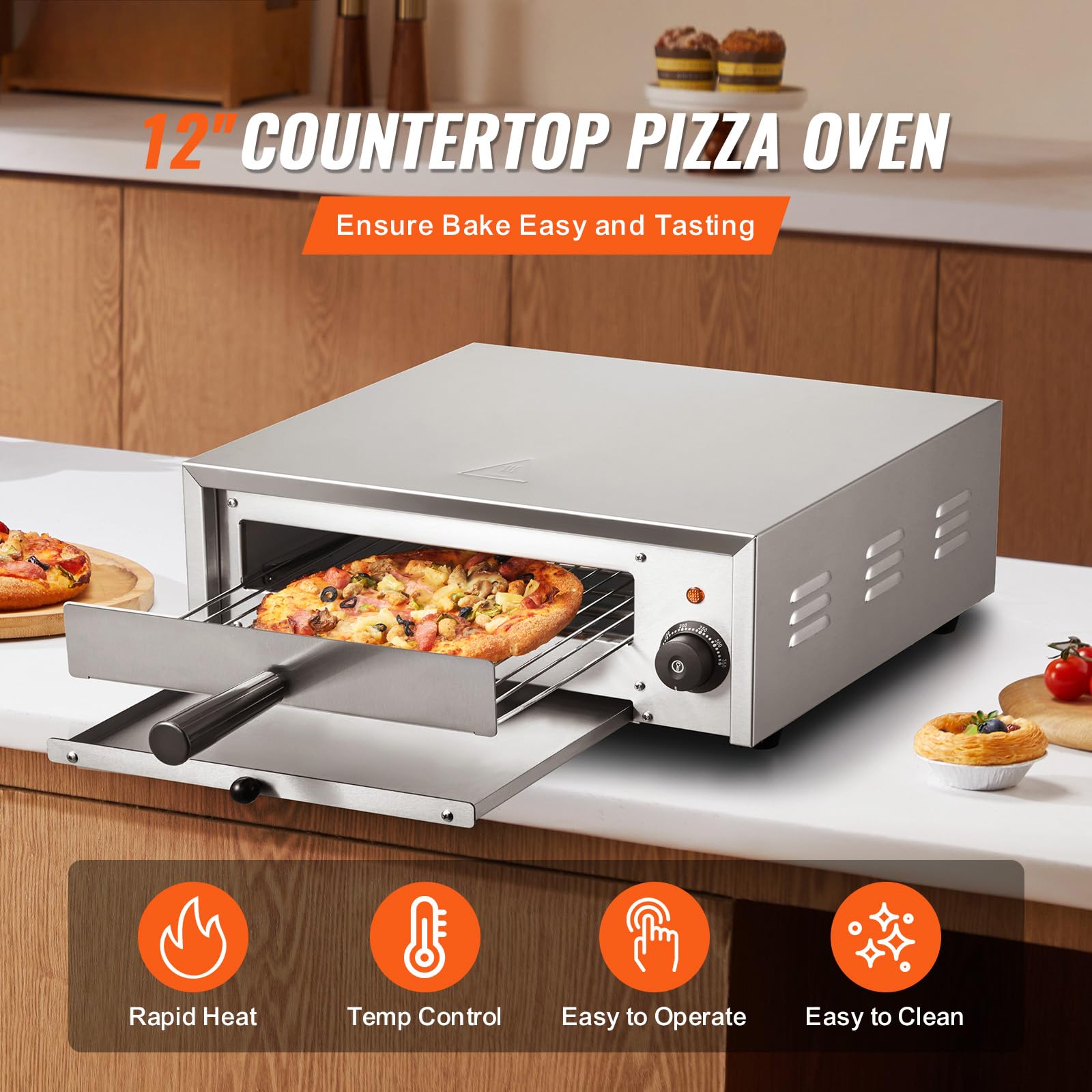 Happybuy Countertop Electric Pizza Oven, 12-inch, 1500W, 122-662? Temp Range, Stainless Steel Construction, Easy-to-Clean Crumb Tray, for Commercial & Home Use