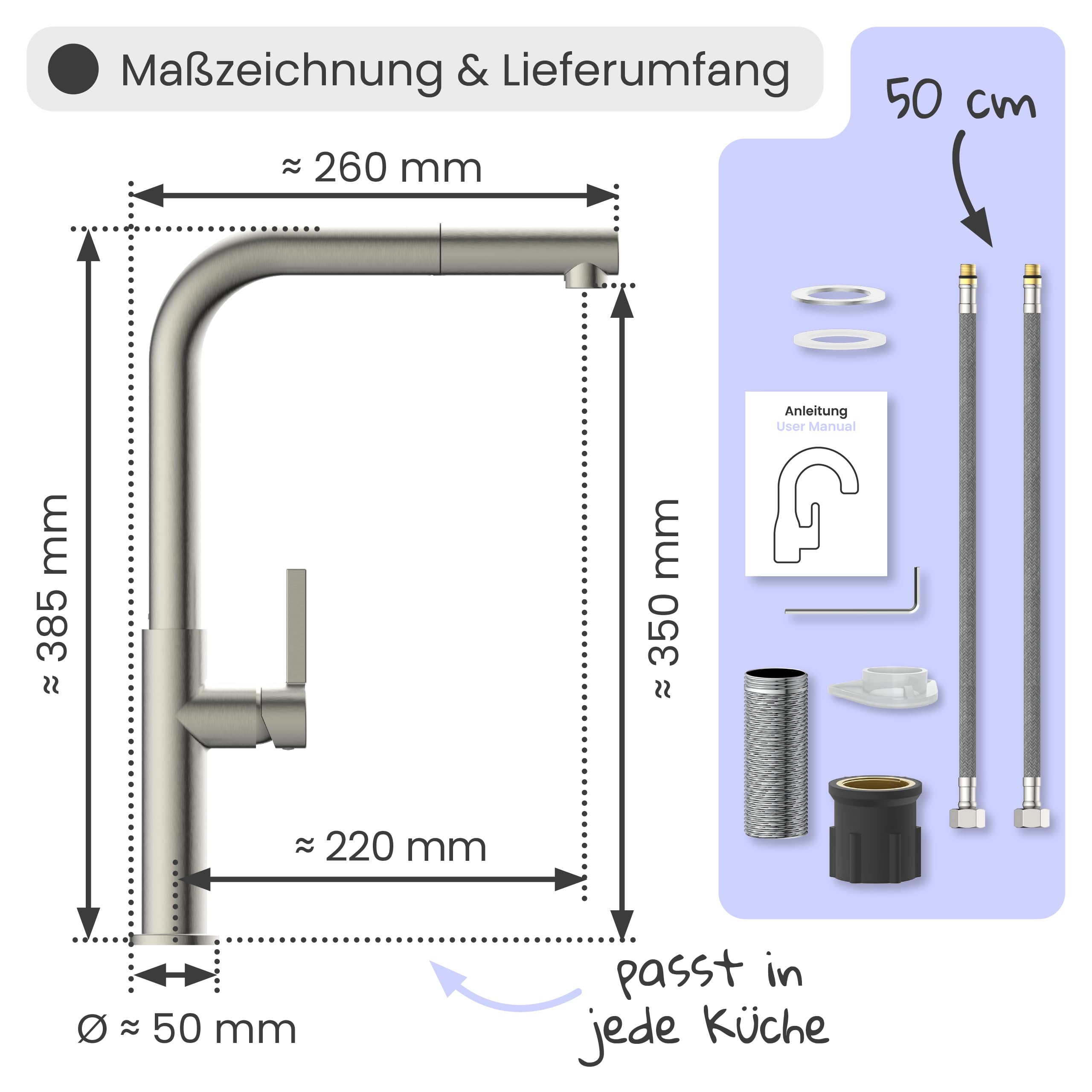 Küchenarmatur | Wasserhahn Küche | Mischbatterie | mit herausziehbarem Auslauf | Edelstahl | 360° schwenkbar | instmaier Cassia |