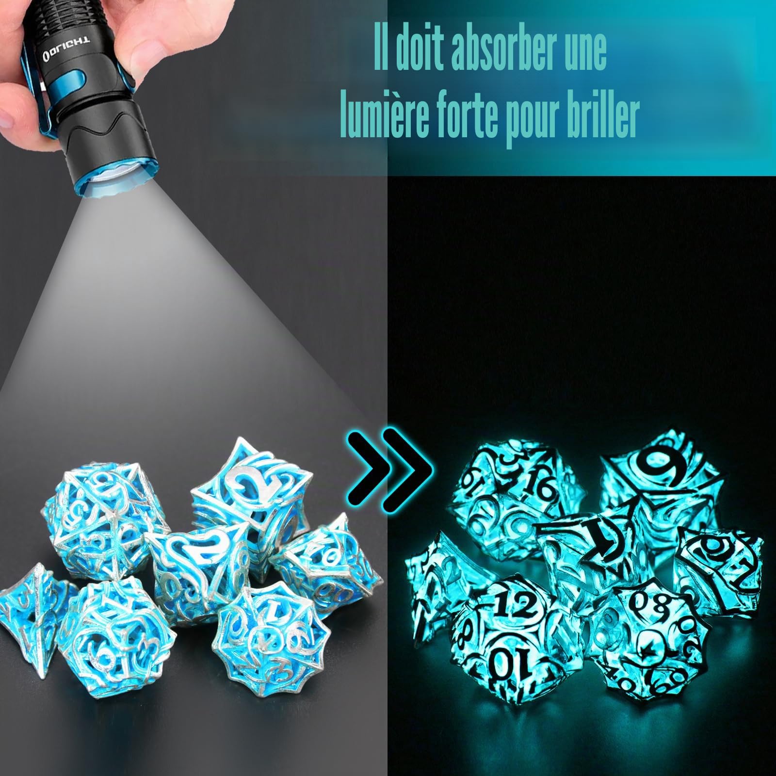FONVGOGO Lot de 7 dés DND phosphorescents en métal pour Donjons et Dragon – Jeu de dés polyédriques creux en métal creux pour jeu de rôle – Vigne bleu vif