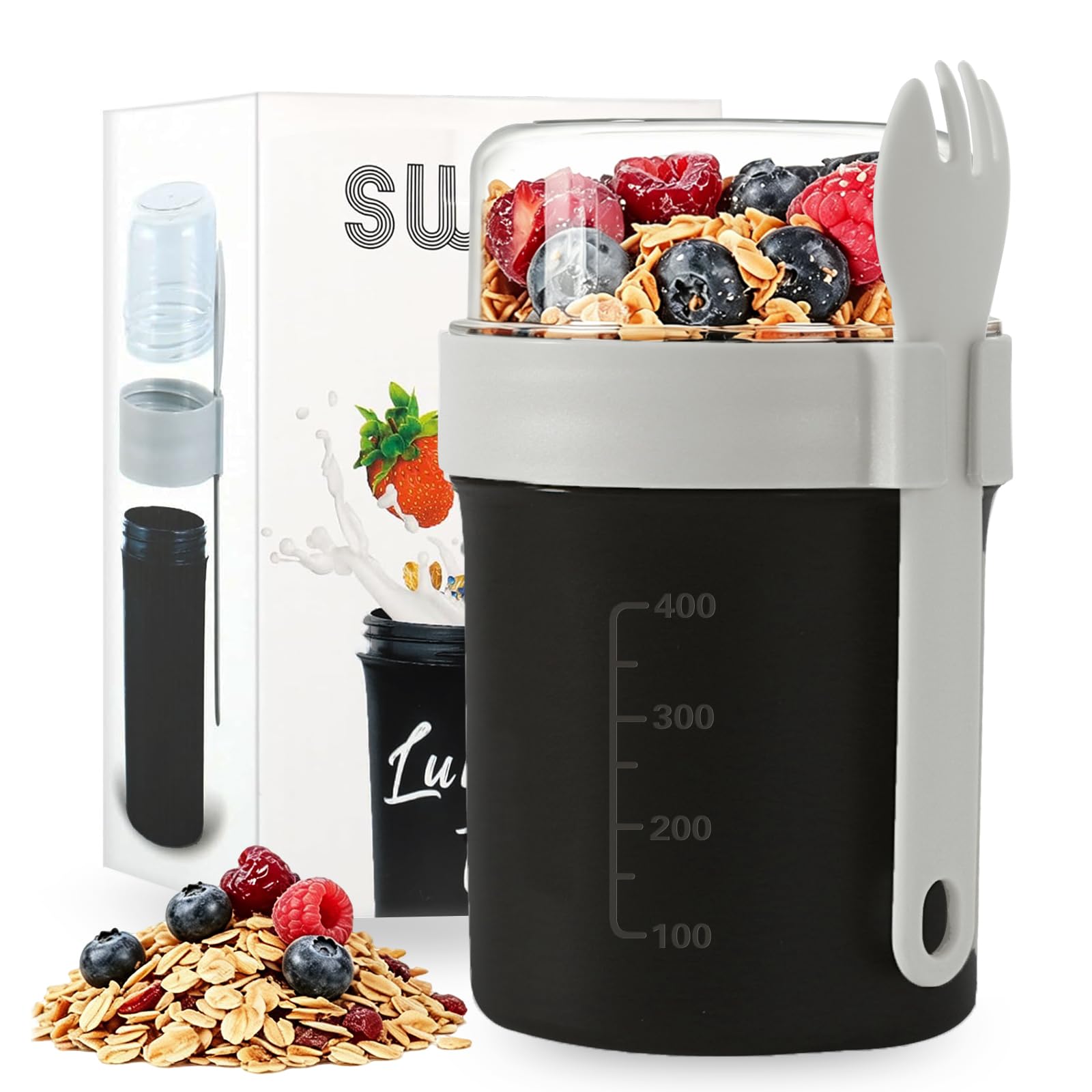 Swkien Müslibecher to go mit Löffel - Auslaufsicherer Joghurtbecher to go mit Unterteilung (560ml + 220ml) - Spülmaschinengeeignet & BPA-Frei - für Büro, Fitness, Schule, Reise