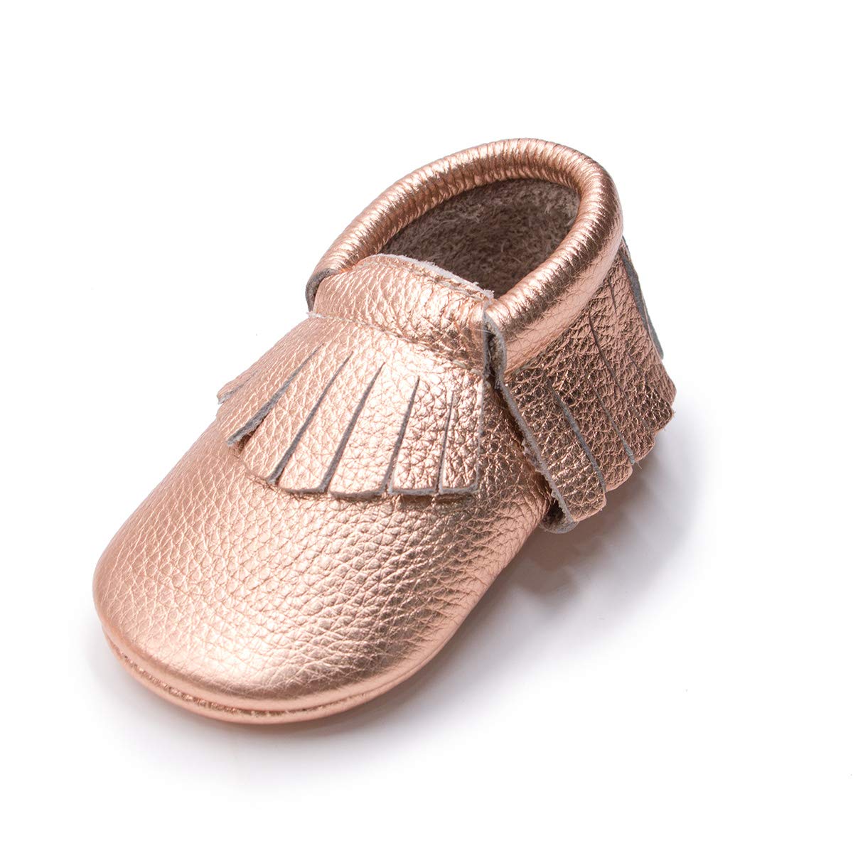 HONGTEYA Leather Baby Moccasins Hard Soled Tassel Crib Toddler Shoes for Boys and Girls (6-12 Months Infant, pinkgold)